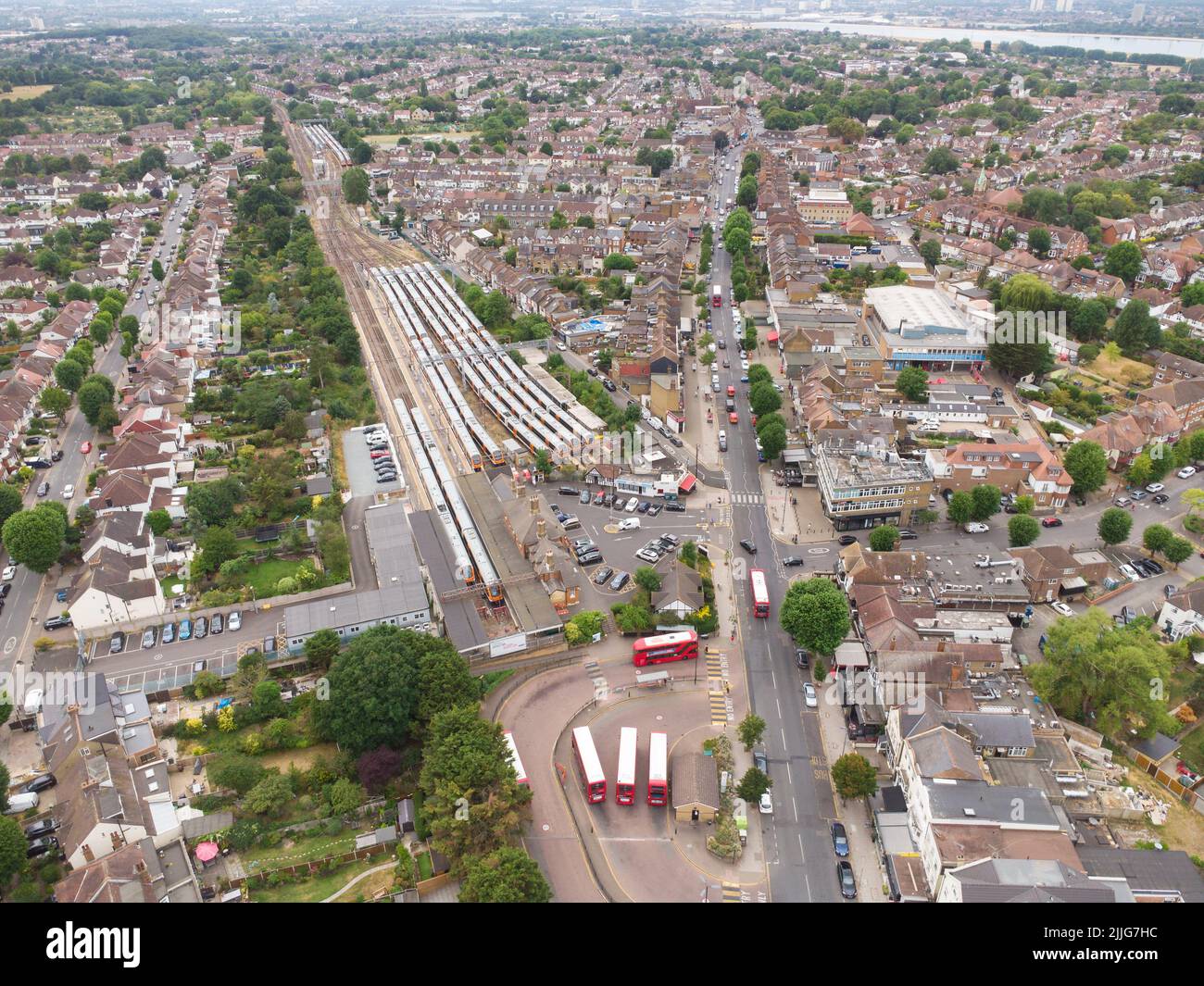 Aerial view of London Overground trains at Chingford Station. London Stock Photo