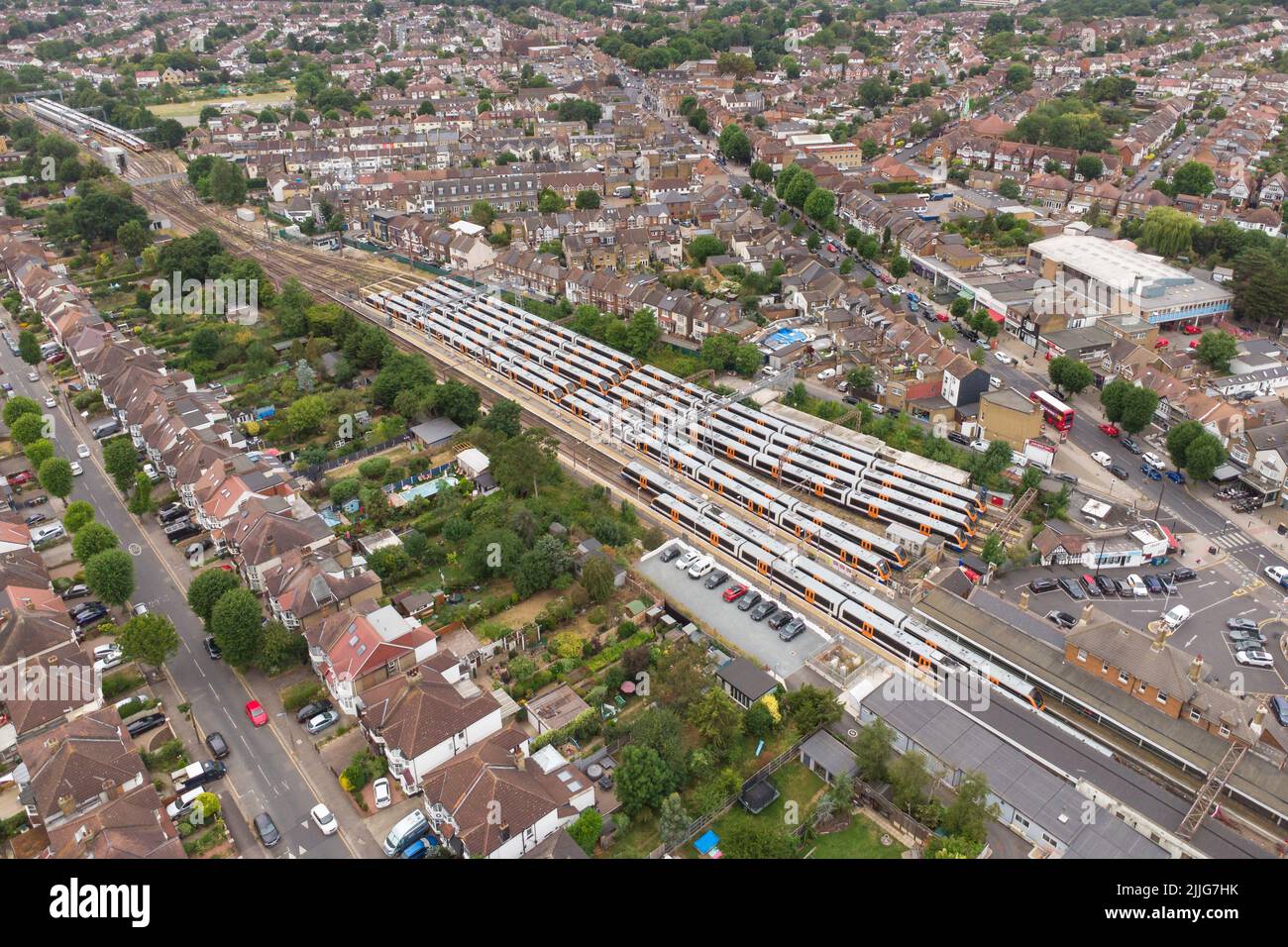 Aerial view of London Overground trains at Chingford Station. London Stock Photo