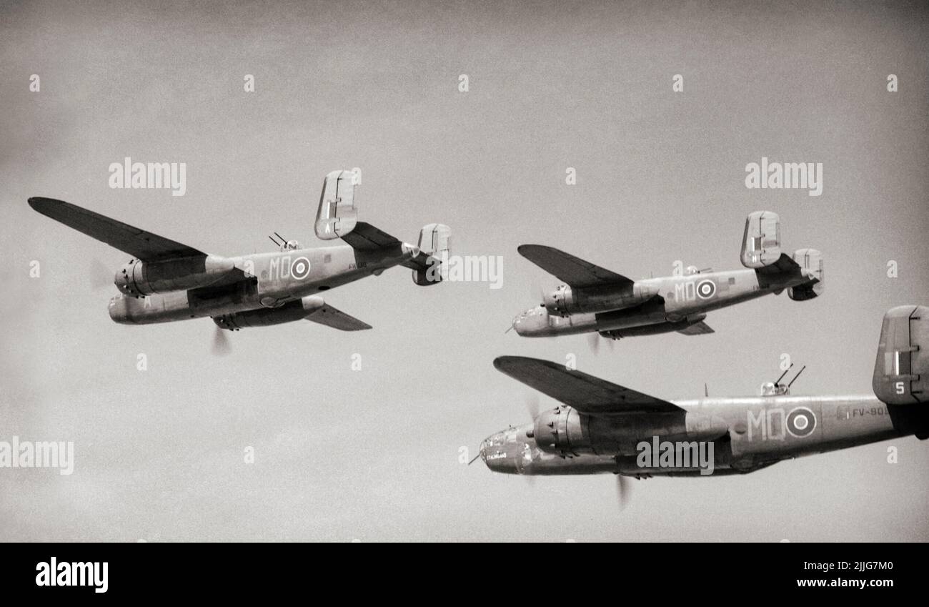 Three Mitchell Mark IIs, of No. 226 Squadron RAF based at Hartford Bridge, Hampshire, about to bomb railway yards in northern France on the evening of 12 May 1944. The North American B-25 Mitchell was a medium bomber introduced in 1941 and used by many Allied air forces. Stock Photo