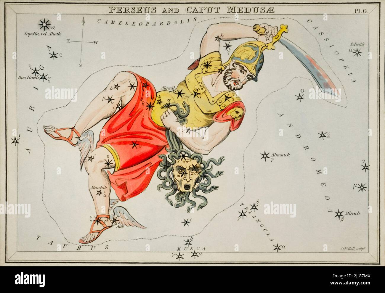 Astronomical chart illustration of Perseus and the Caput Medusae , 1831, Sidney Hall Stock Photo