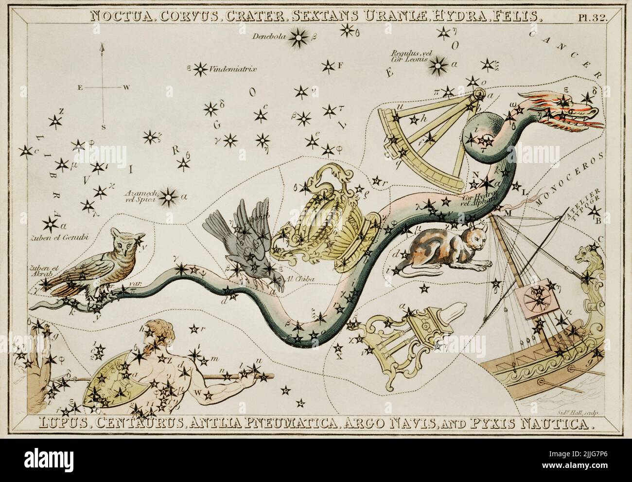 Astronomical chart illustration of Noctua, Corvus, Crater, Sextans Uraniae, Hydra, Felis, Lupus, Centaurus, Antlia Pneumatica, Argo Navis, and the Pyx Stock Photo