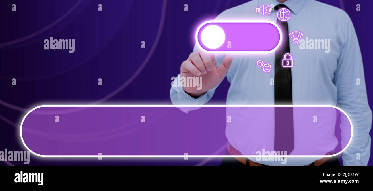 Businessman Pointing On The Power And Digital Symbols In A Futuristic ...