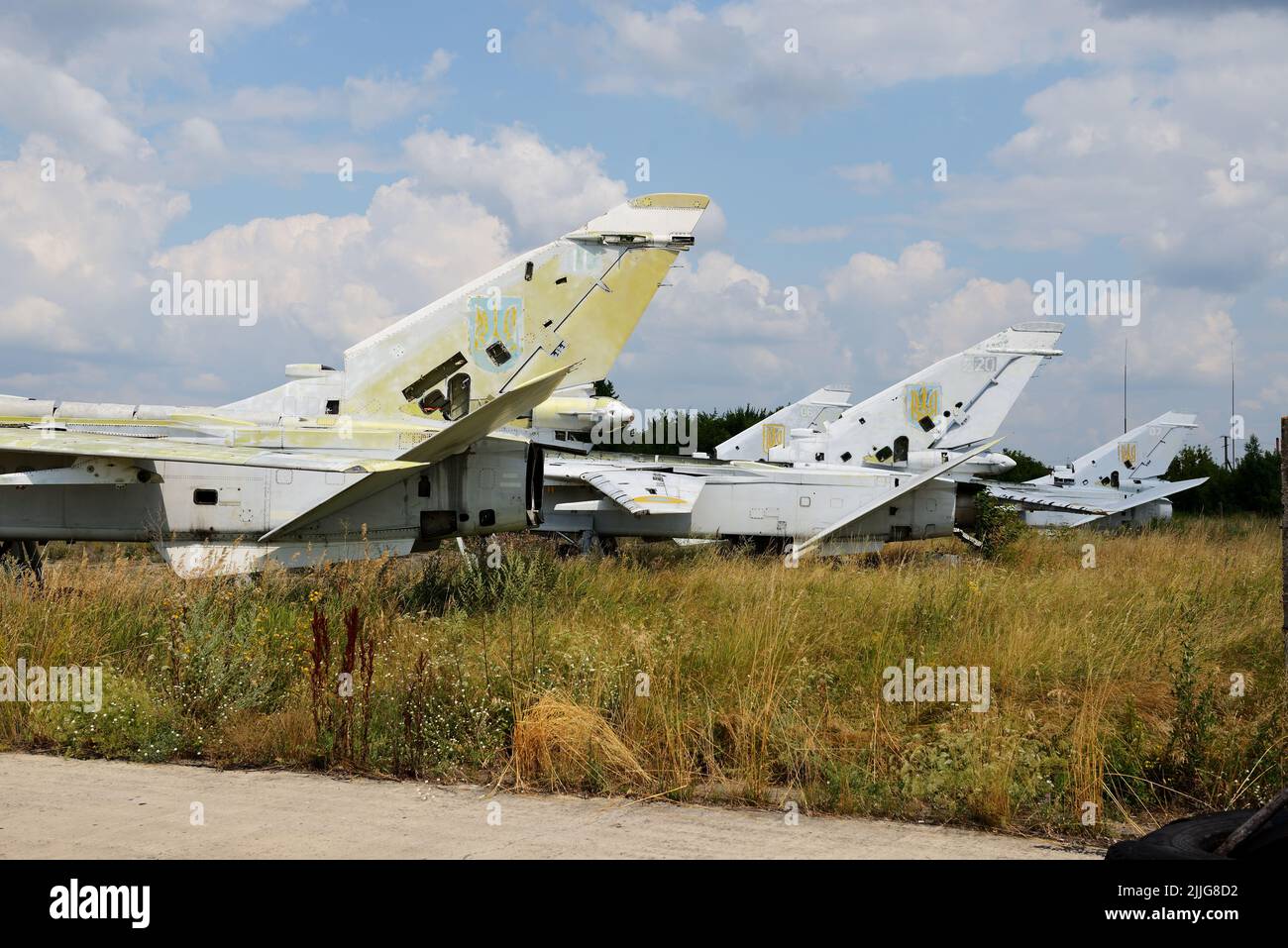 BILA TSERKVA, UKRAINE - AUGUST 25: The view on disassembled Ukrainian Sukhoi Su-24 supersonic all-weather attack aircrafts on August 25, 2021 in Bila Stock Photo