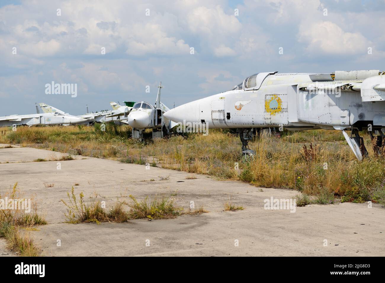 BILA TSERKVA, UKRAINE - AUGUST 25: The view on disassembled Ukrainian Sukhoi Su-24 supersonic all-weather attack aircraft on August 25, 2021 in Bila T Stock Photo