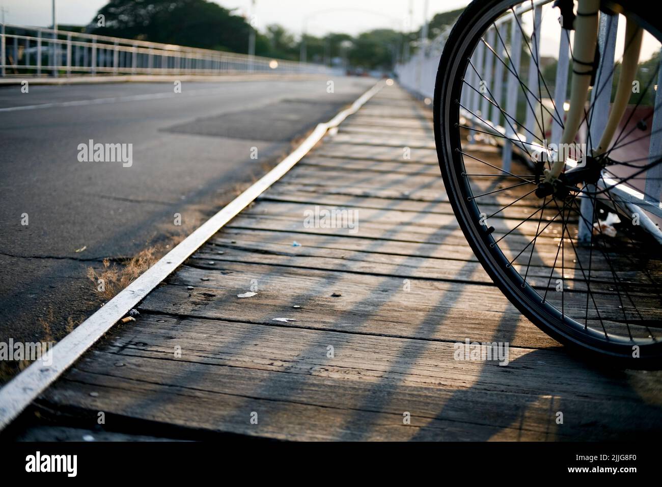Wheel of bicycle in wooden bridge Stock Photo Alamy