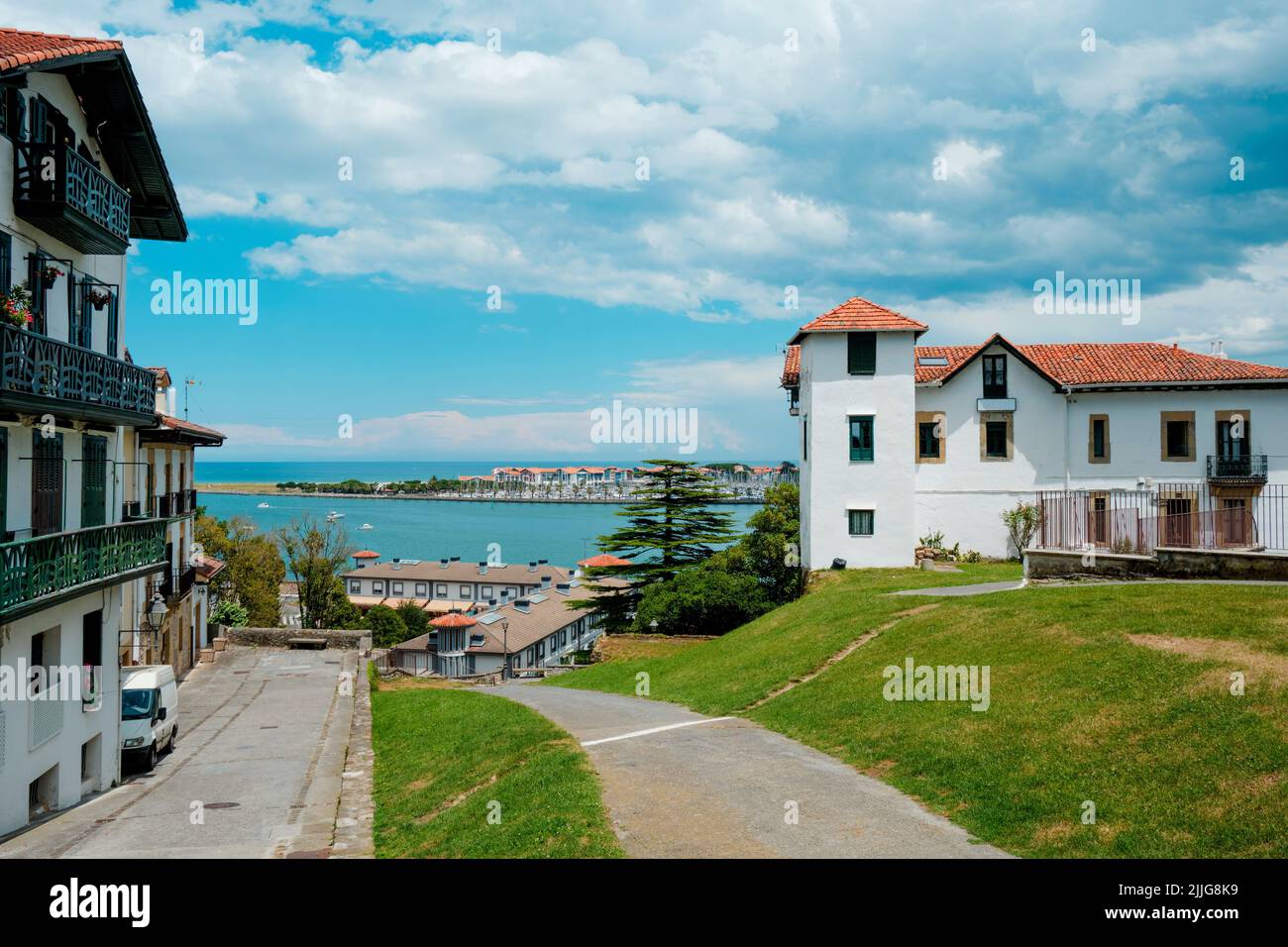 a view of Hondarribia, Spain, upon the mouth of the Bidassoa river the Atlantic ocean and the port of Hendaye, France, in the other side of the river Stock Photo