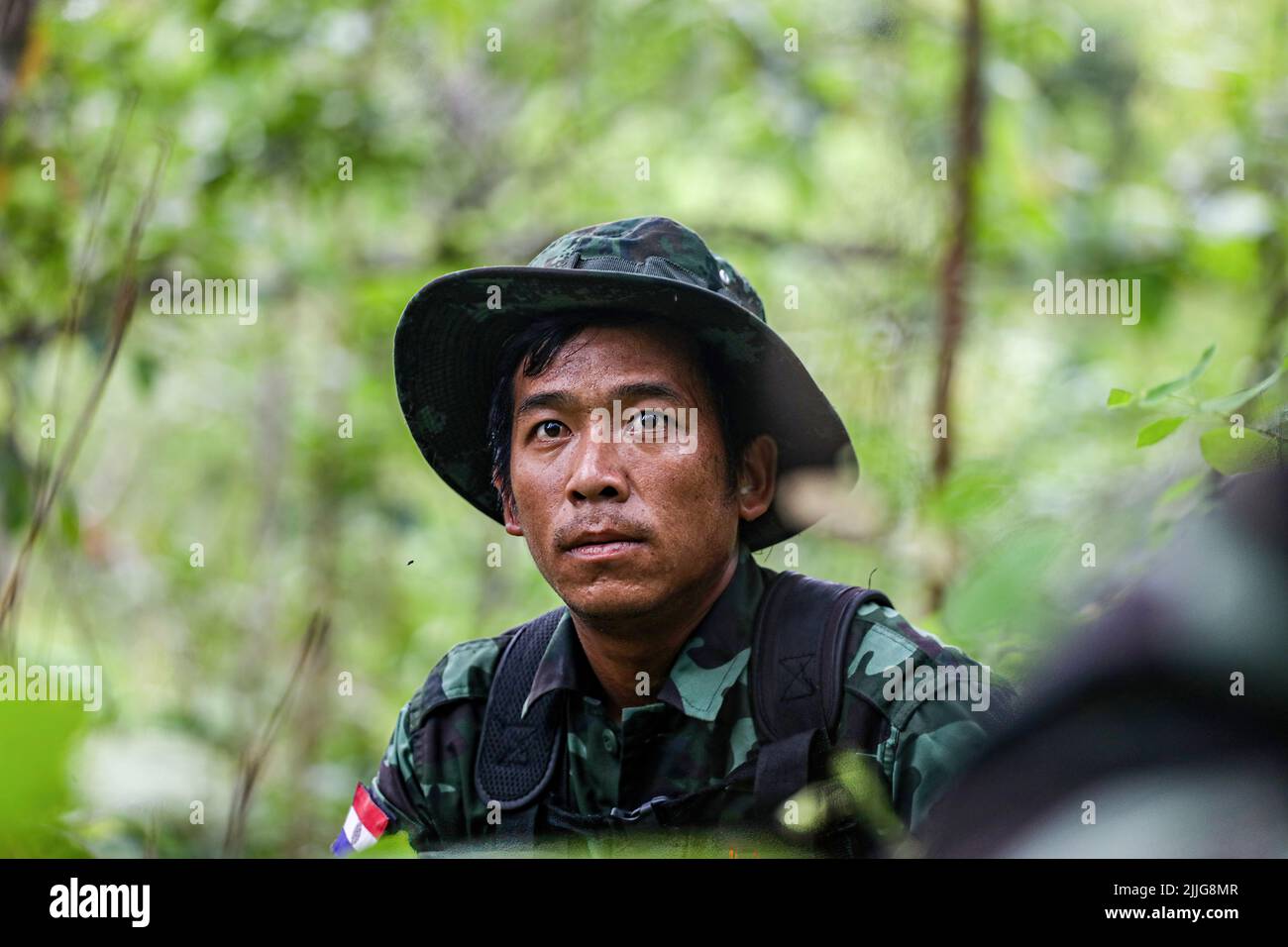 A Karenni Nationalities Defence Force (KNDF) soldier is on guard during ...