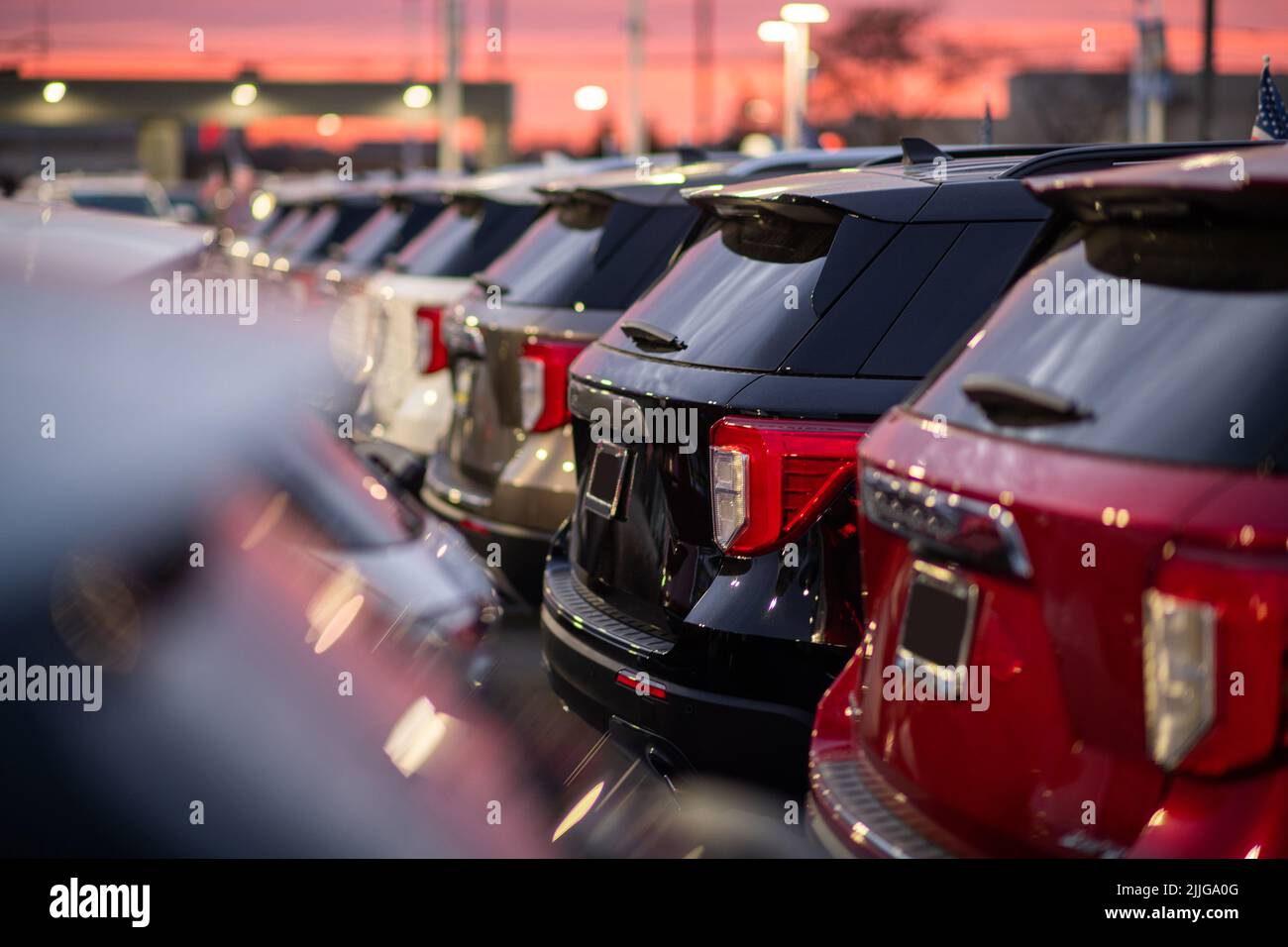 Line of Brand New Sport Utility Vehicles for Sale Parked at the Dealer