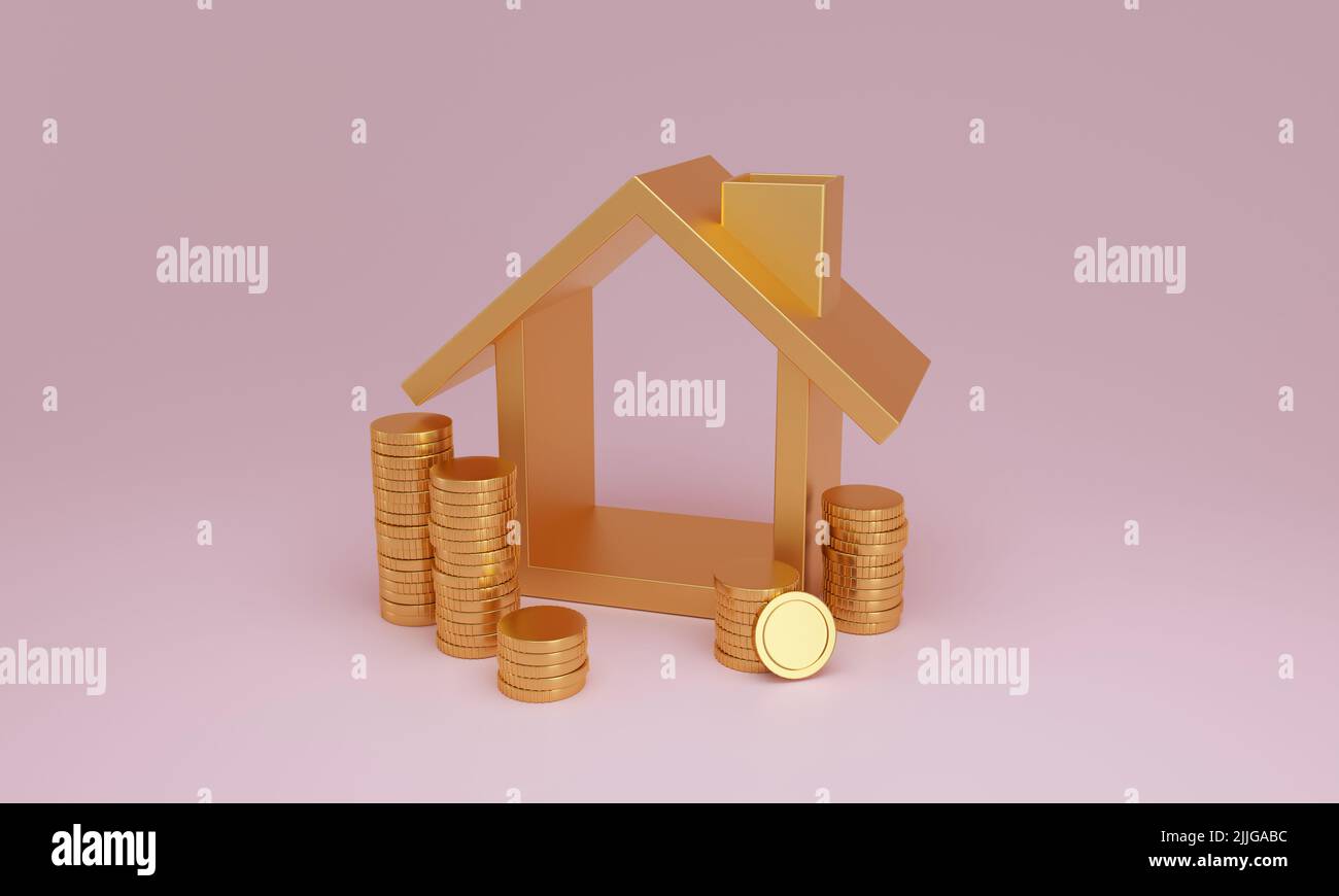 The chose one House slide of Stack of Coins. Real Estate Market Growth concept. 3D rendering. Stock Photo