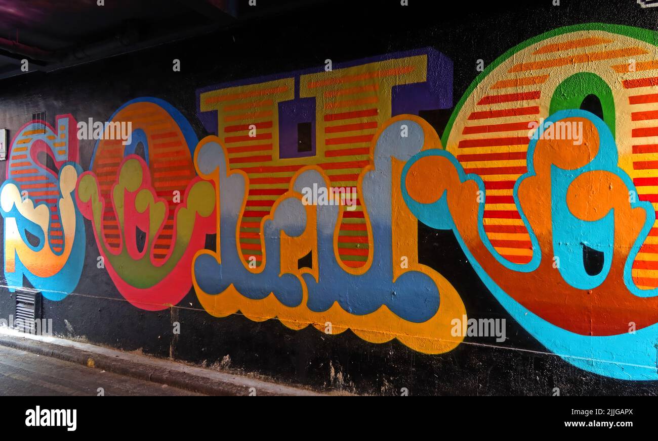 SOHO graffiti in an alley, Manette Street, London, England, UK,  W1D 4JB Stock Photo