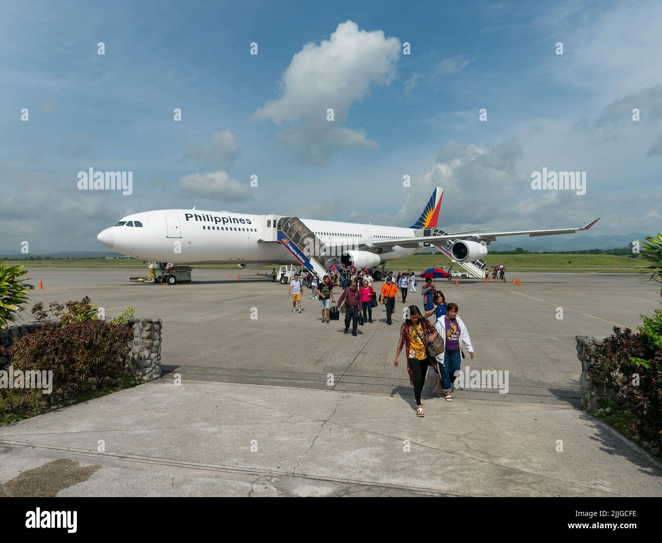 Philippine Airlines Airbus A340 after arrival at General Santos International Airport in South Cotabato on Mindanao, the southernmost major island of Stock Photo