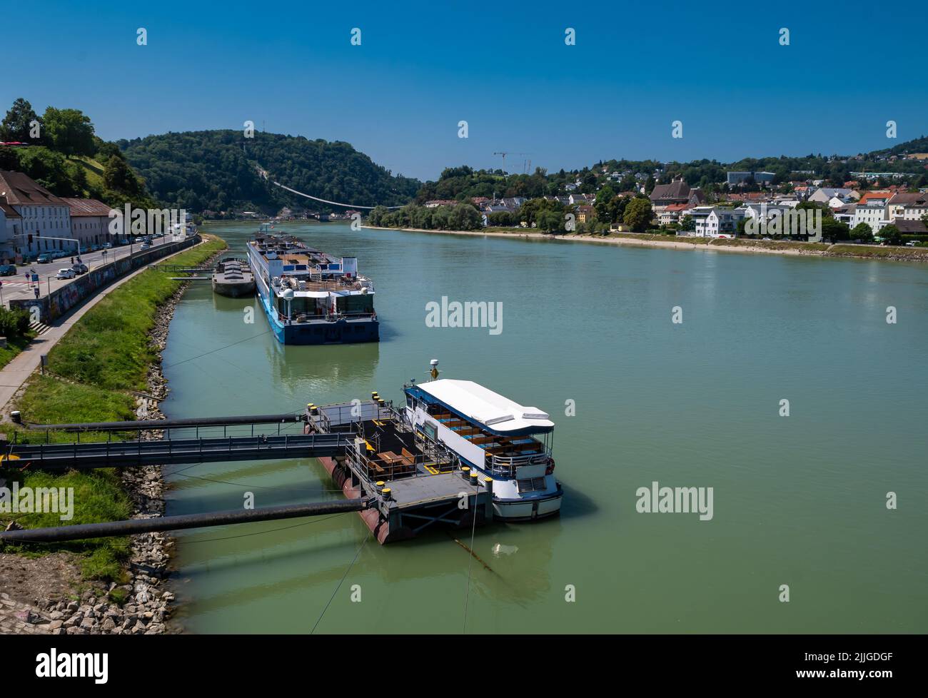 Cruise ships On Danube River In The City Of Linz In Austria Stock Photo