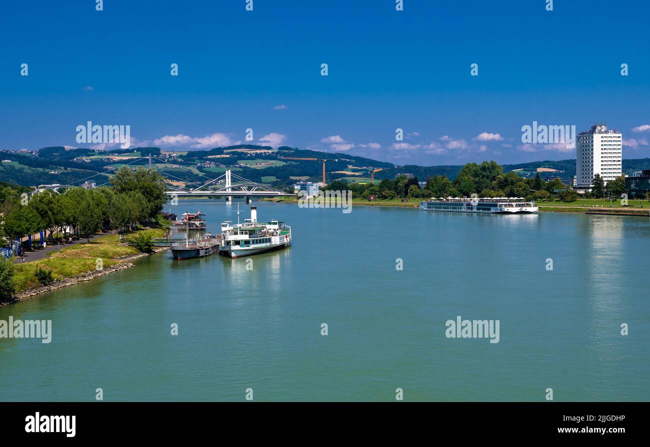 Cruise ships On Danube River In The City Of Linz In Austria Stock Photo ...