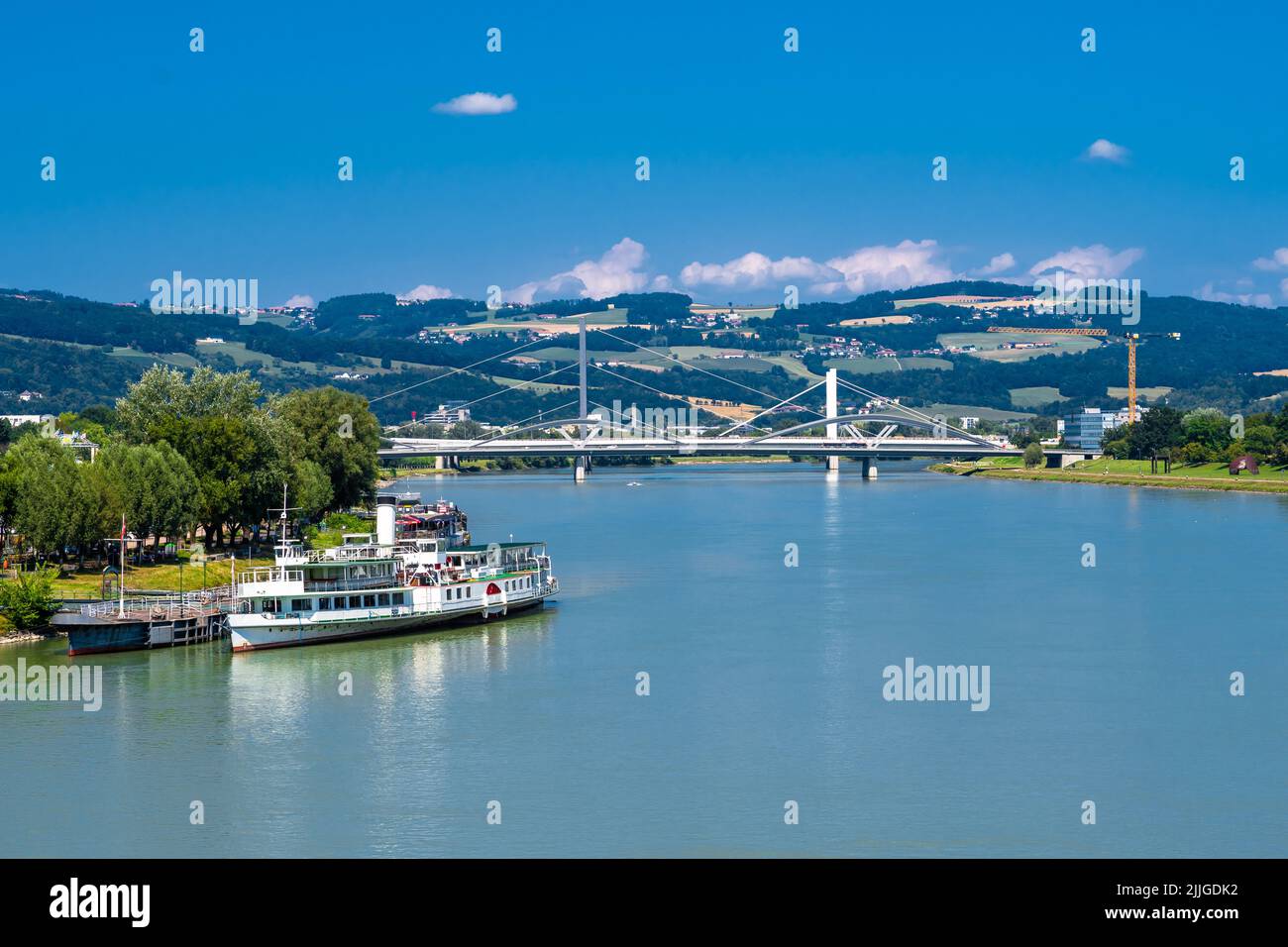 Cruise ships On Danube River In The City Of Linz In Austria Stock Photo