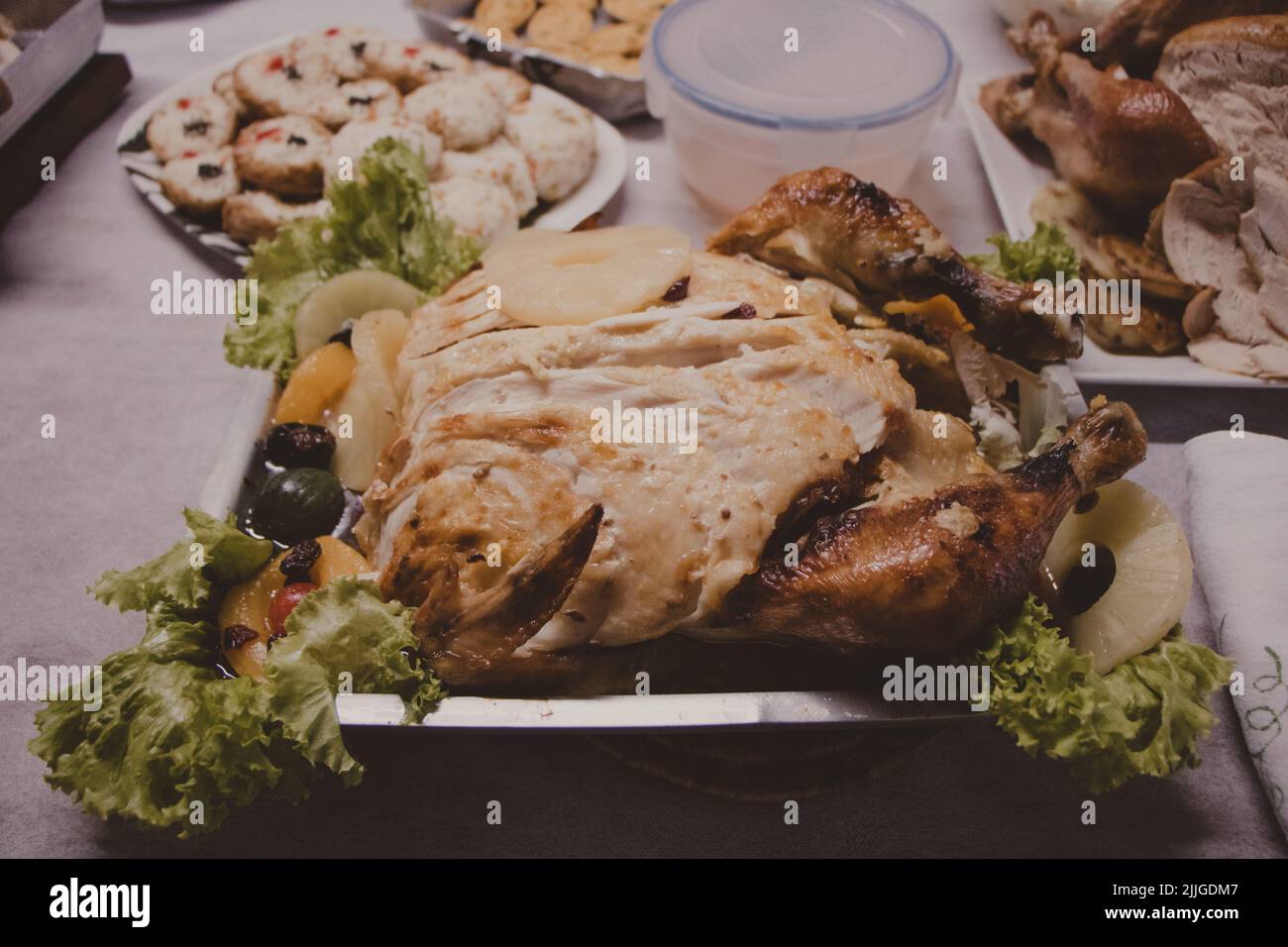 roasted chicken served on the table Stock Photo