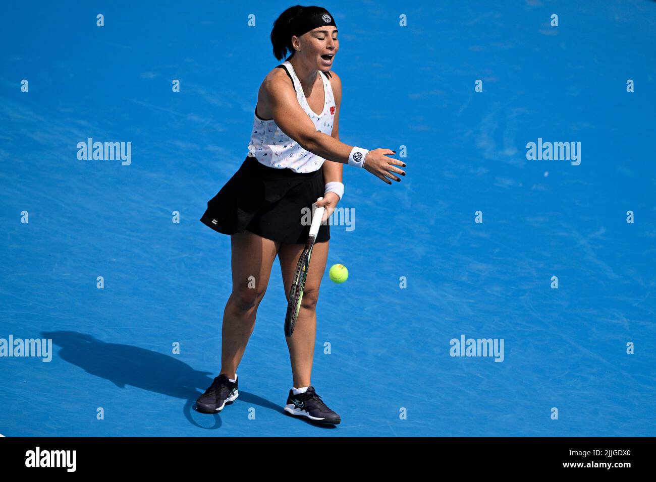 Prague, Czech Republic. 26th July, 2022. Ekaterine Gorgodze of Georgia reacts during the Livesport Prague Open WTA women's tennis tournament match against Anett Kontaveit of Estonia in Prague, Czech Republic, July 26, 2022. Credit: Michal Kamaryt/CTK Photo/Alamy Live News Stock Photo