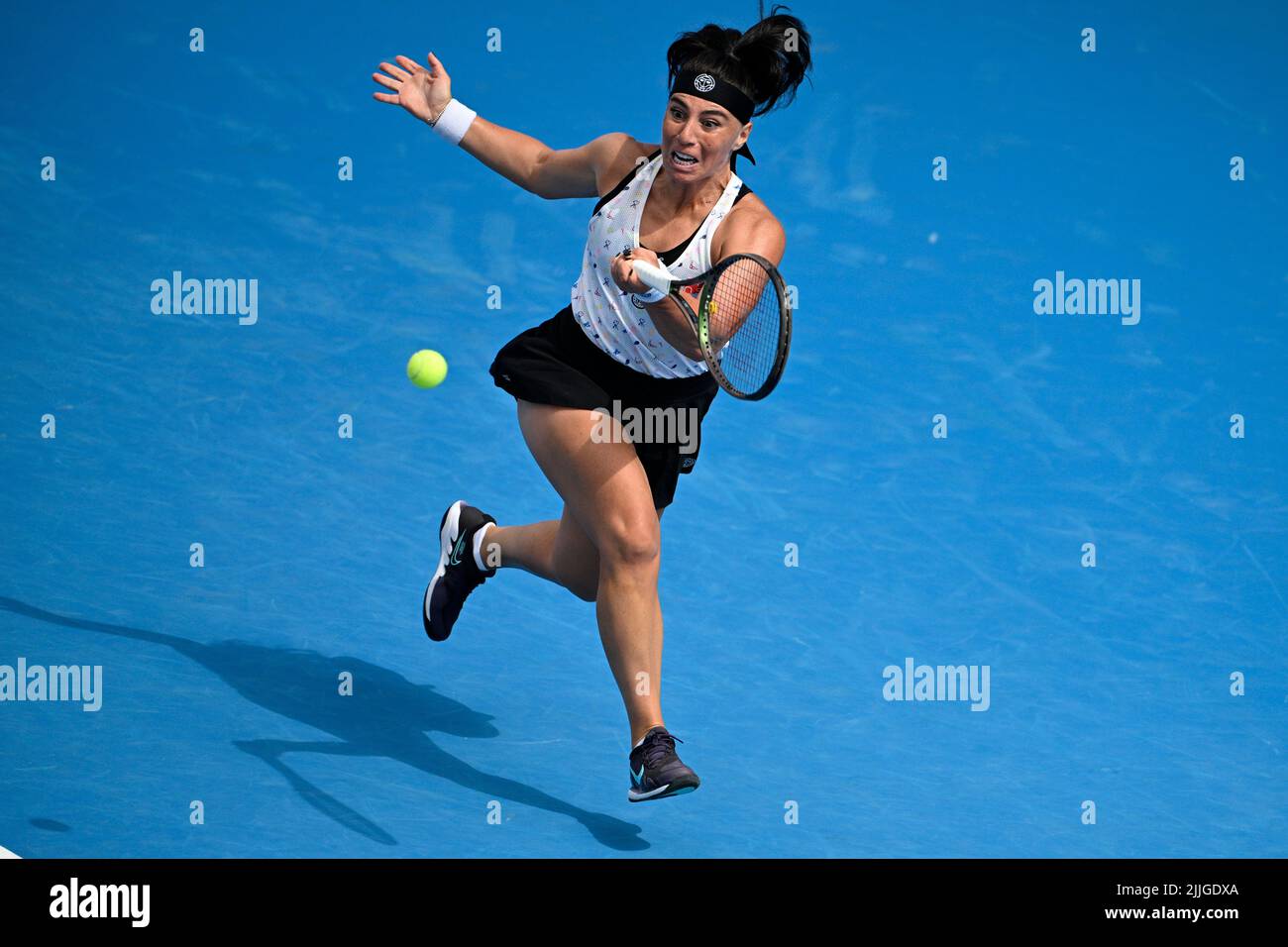 Prague, Czech Republic. 26th July, 2022. Ekaterine Gorgodze of Georgia returns the ball to Anett Kontaveit of Estonia during the Livesport Prague Open WTA women's tennis tournament match in Prague, Czech Republic, July 26, 2022. Credit: Michal Kamaryt/CTK Photo/Alamy Live News Stock Photo