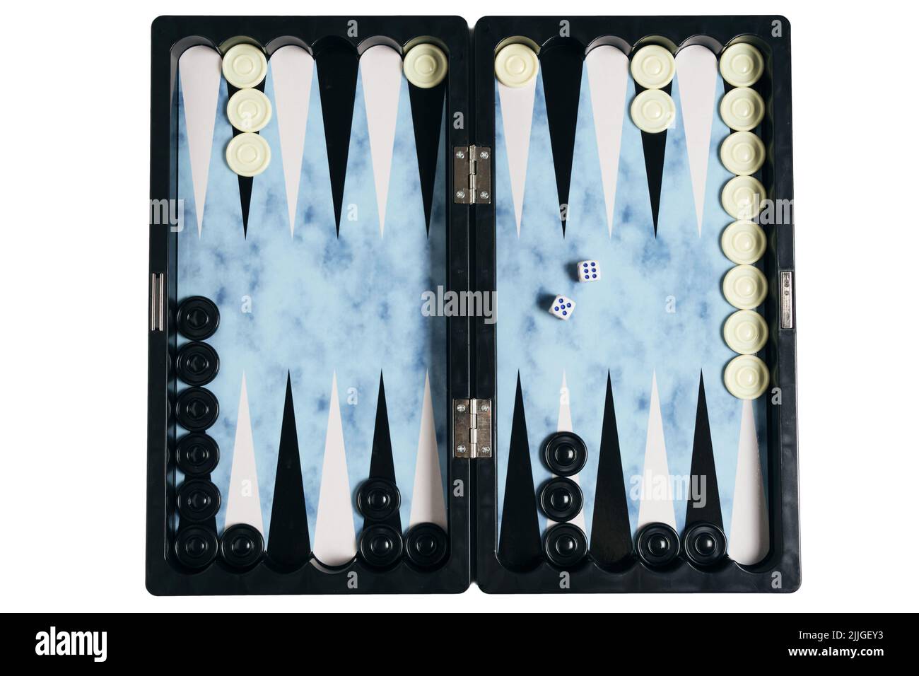 Board with cubes and chips for playing backgammon Stock Photo