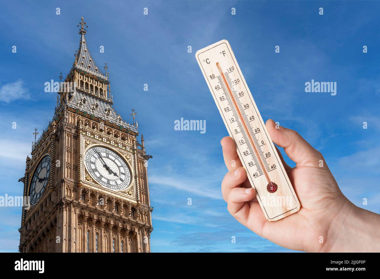 Uk heatwave concept: mah hold a thermometer in front of the Big Ben Stock Photo