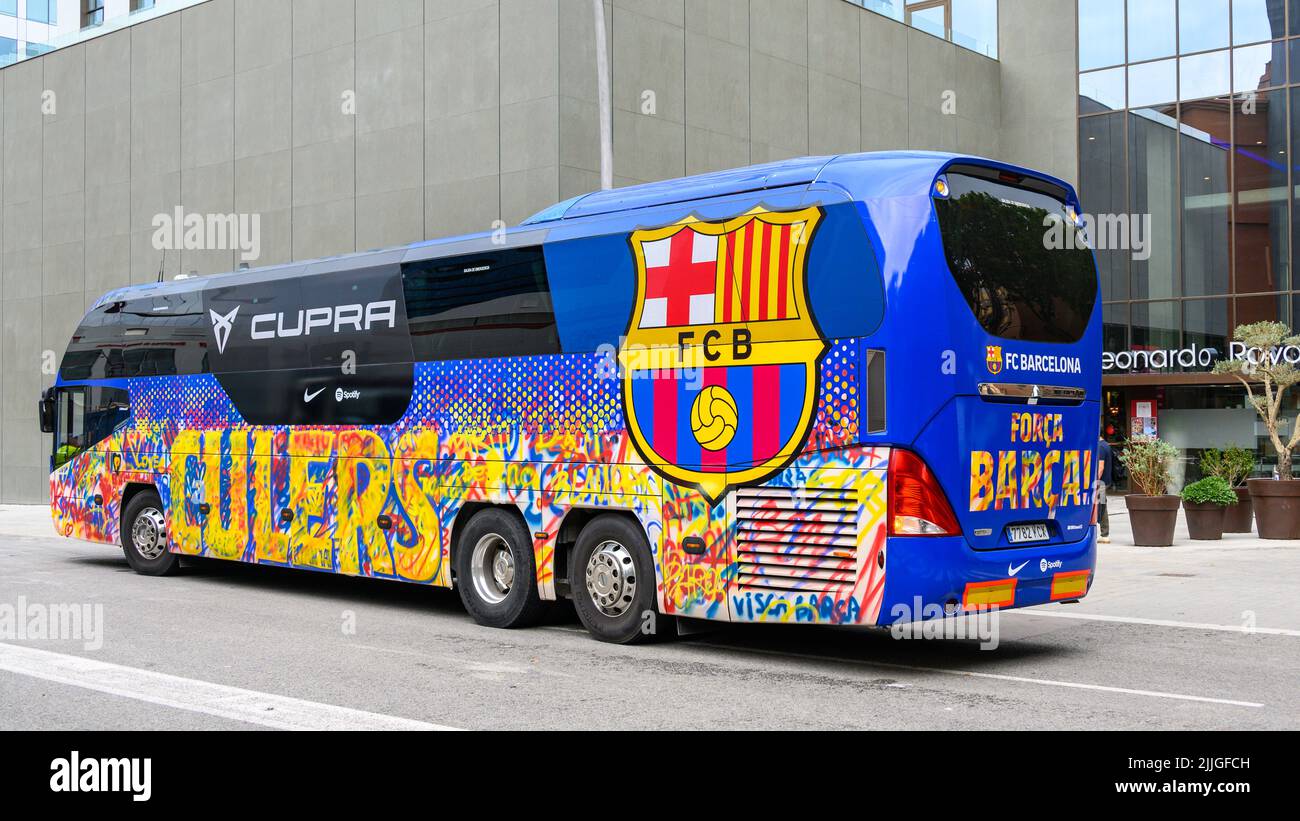 Modern autobus for the FCB or Football Club Barcelona parked outside the Leonardo Royal Barcelona Fira Hotel Stock Photo