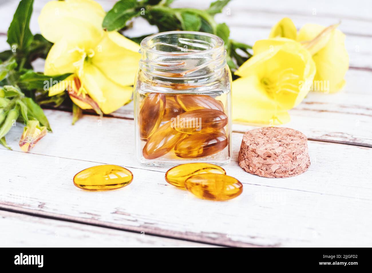 Evening primrose oil capsules in bottle, soft gels, Oenothera biennis