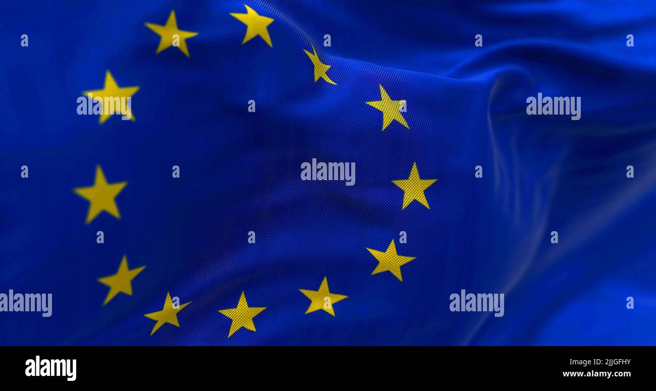 Close-up view of the European Union flag waving in the wind. The European Union is a political and economic union of 27 member states that are located Stock Photo