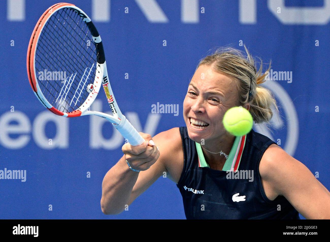 Prague, Czech Republic. 26th July, 2022. Anett Kontaveit of Estonia returns the ball to Ekaterine Gorgodze of Georgia during the Livesport Prague Open WTA women's tennis tournament match in Prague, Czech Republic, July 26, 2022. Credit: Michal Kamaryt/CTK Photo/Alamy Live News Stock Photo