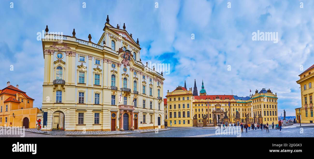Panorama of the monumental Castle Square with Archbishop's Palace and New Royal Palace, Hradcany, Prague, Czech Republic Stock Photo