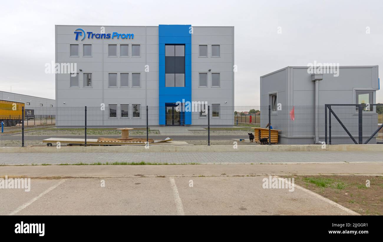 Dobanovci, Serbia - September 30, 2021: New Warehouse Building TransProm Company International Transport Freight Forwarding and Logistics Operations. Stock Photo
