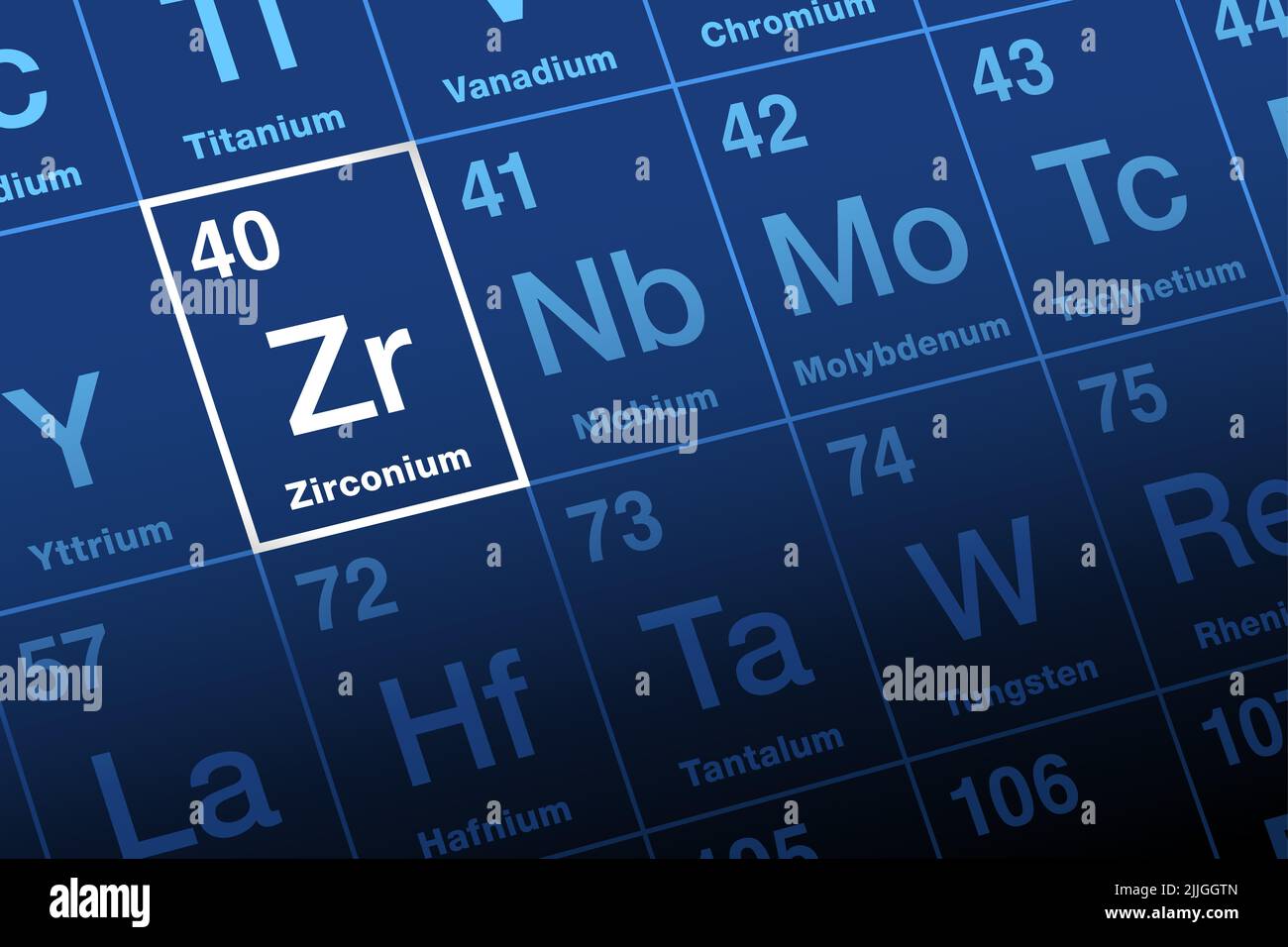 Zirconium on periodic table. Transition metal and element, with symbol Zr from the mineral zircon, related to Persian zargun for gold-like. Stock Photo