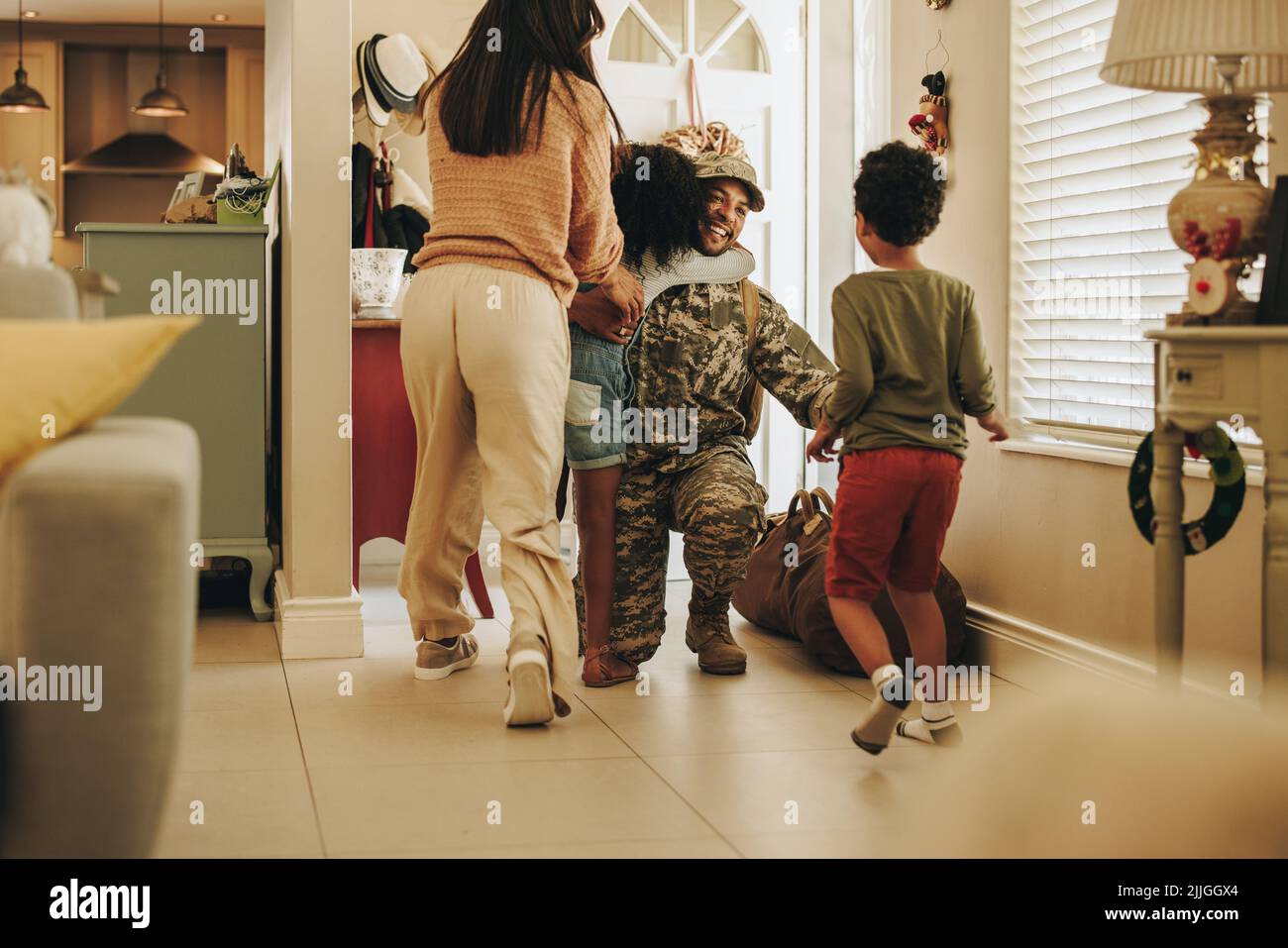 Joyful military Happy soldier reuniting with his wife and