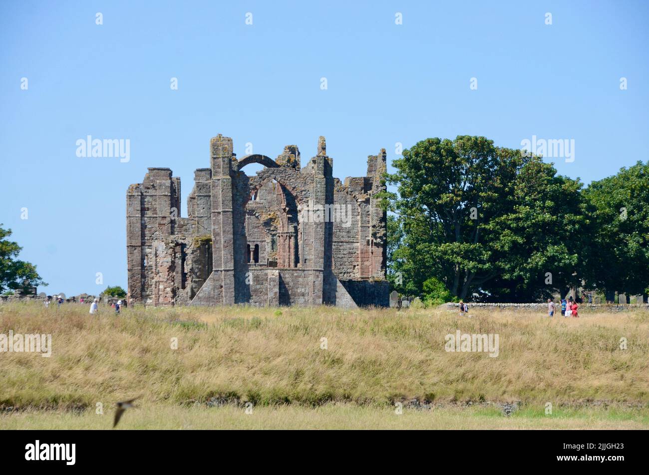 holy island lindisfarne priory castle monastry graveyard boat huts and pilgrims coffee northumberland england great britain 2022 Stock Photo