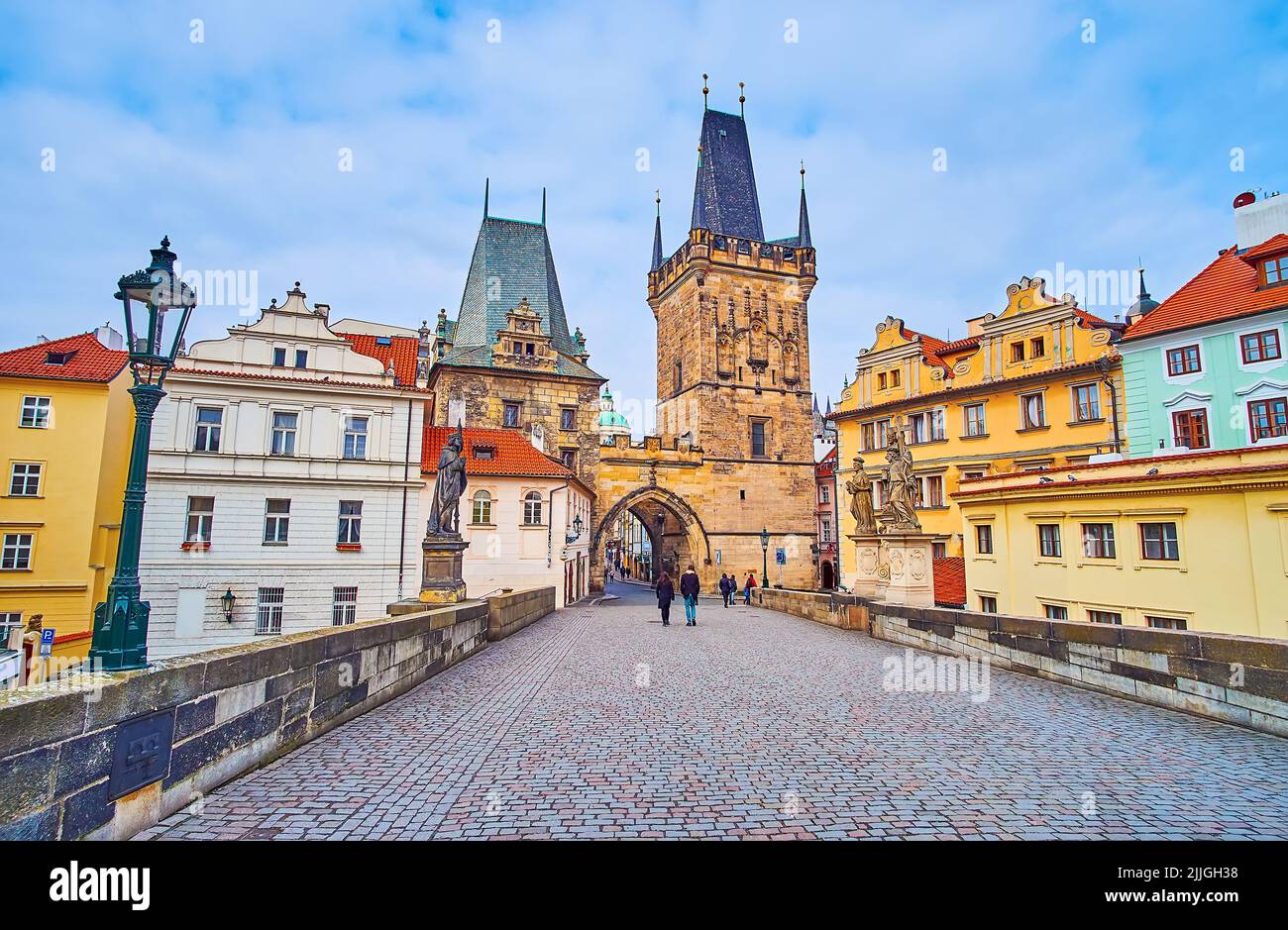 The stone Gothic Mala Strana Bridge Tower of Charles Bridge, surrounded ...