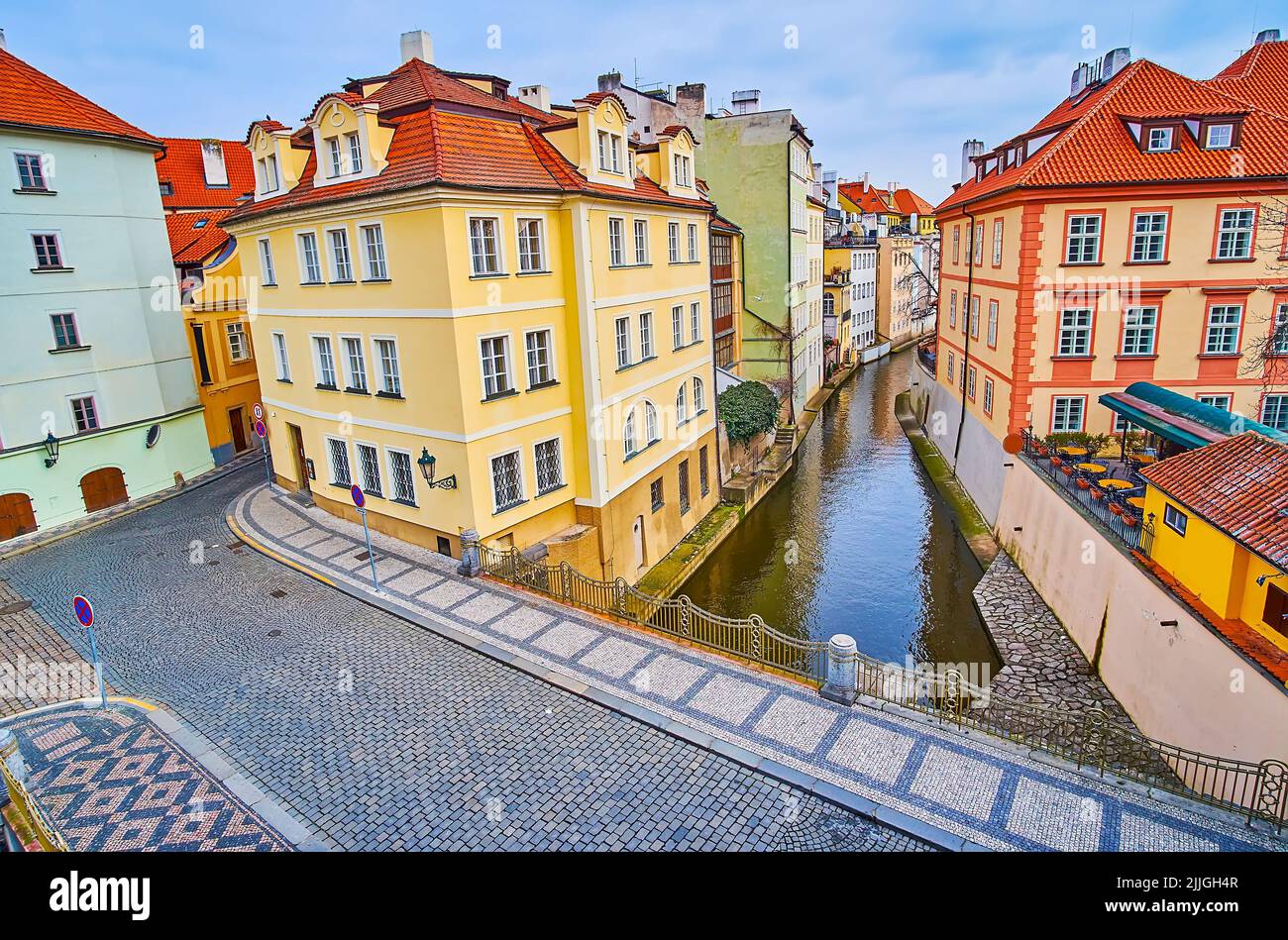 The cityscape with Devil's Canal, historic houses of Lesser Quarter and narrow city streets, Prague, Czech Republic Stock Photo