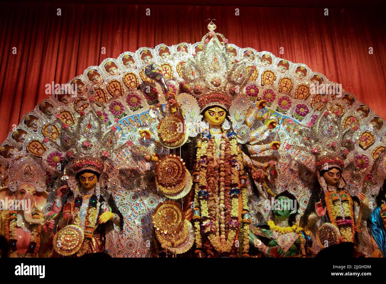 Howrah, India - October 15th, 2021 : Durga idol after Sandhi Puja, the sacred juncture of Ashtami, eighth day and Nabami, nineth day, as Hindu ritual Stock Photo