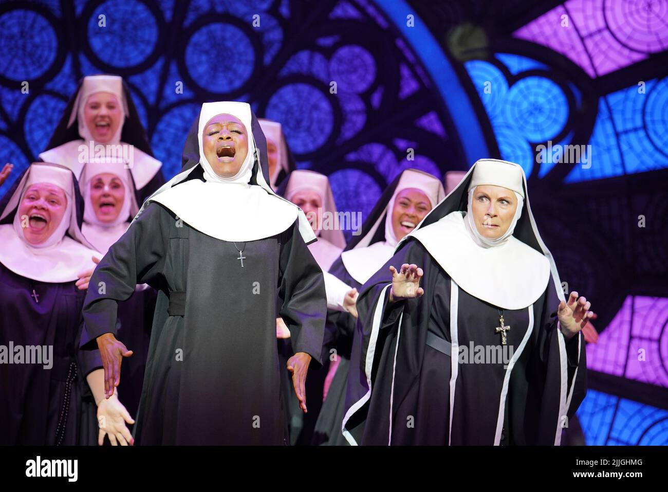 Jennifer Saunders (right) and Beverley Knight performing in a preview ahead of the upcoming West End production for Sister Act The Musical at the Eventim Apollo, London. Picture date: Tuesday July 26, 2022. Stock Photo