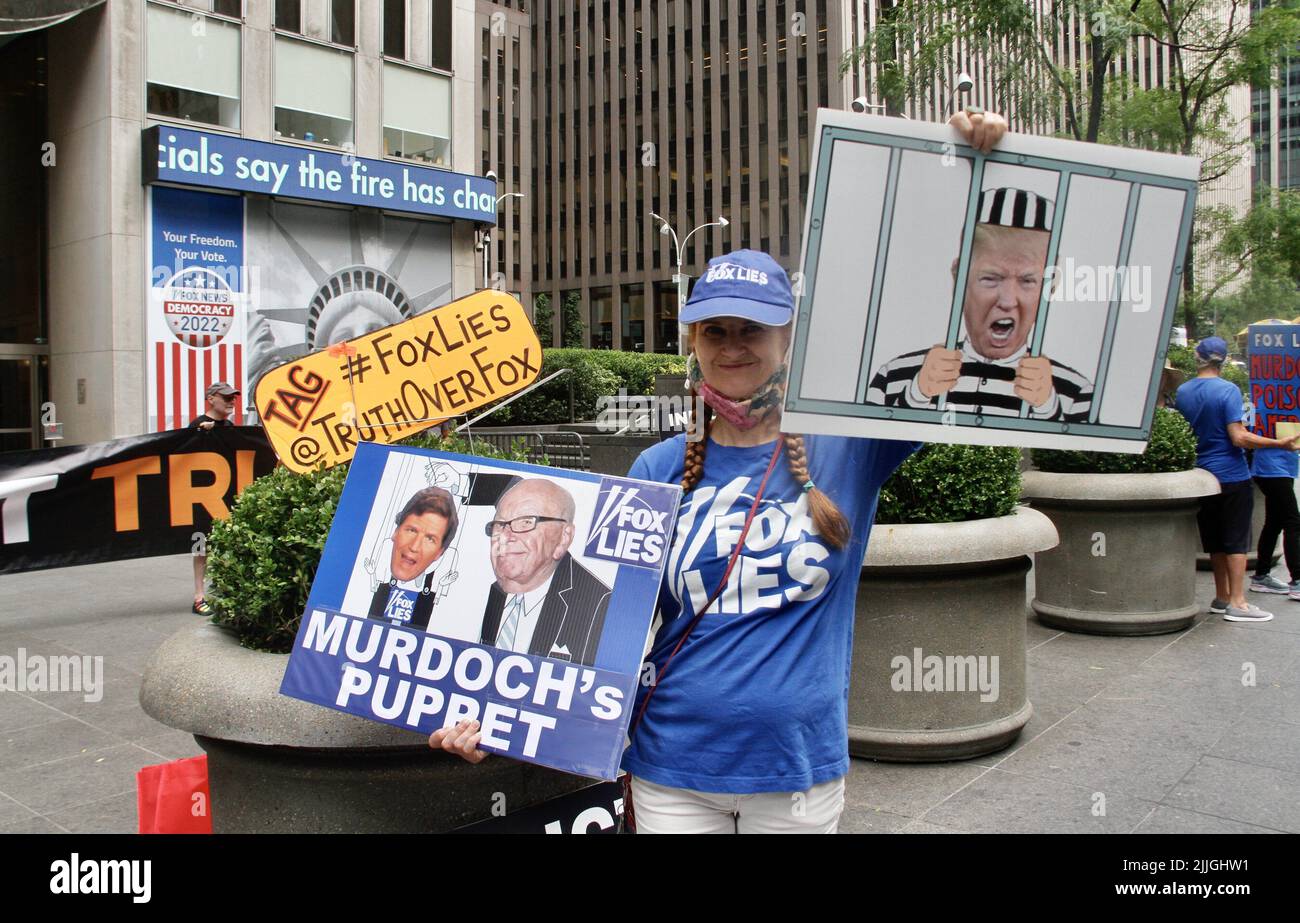 July 26, 2022, New York, USA: (NEW) Protest against Fox News- Fox Lies, Democracy Dies. July 26, 2022, New York, USA: Few protesterÃ¢â‚¬â„¢s gathered in front of Fox TV news building on 6th avenue protesting against the station for not airing January 6th committee hearings and not accepting Trump incited the mob and poured gas on the flames attacking thr Capitol Hill. They demand the arrest of Trump, to indict Rudy Giuliani, Steve Banon, Michael Flynn and others. They say in their banners Fox lies and because of that, Democracy dies. Credit: Niyi Fote/TheNews2 (Credit Image: © Niyi Fote/TheNE Stock Photo
