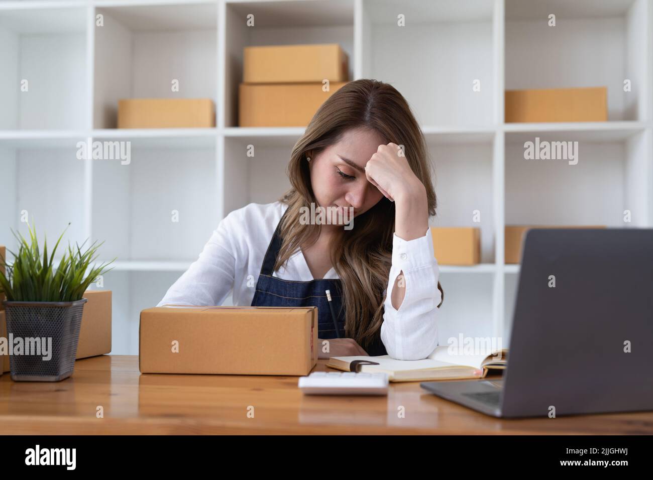 Portrait of a Startup, Small Business, SME Owner, Female Entrepreneur Stressed about falling sales work on parcel boxes Order receipts and checks Stock Photo