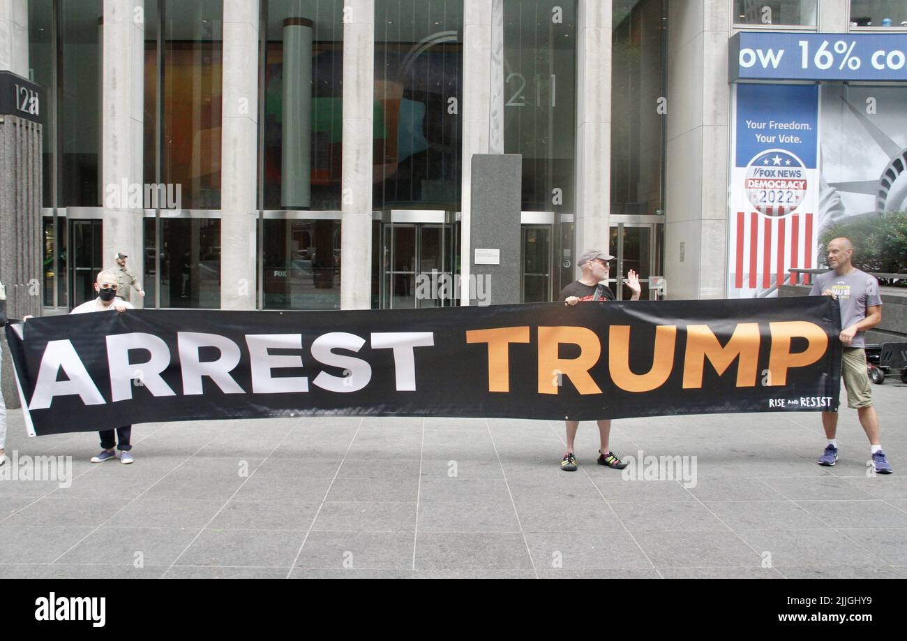 July 26, 2022, New York, USA: (NEW) Protest against Fox News- Fox Lies, Democracy Dies. July 26, 2022, New York, USA: Few protesterÃ¢â‚¬â„¢s gathered in front of Fox TV news building on 6th avenue protesting against the station for not airing January 6th committee hearings and not accepting Trump incited the mob and poured gas on the flames attacking thr Capitol Hill. They demand the arrest of Trump, to indict Rudy Giuliani, Steve Banon, Michael Flynn and others. They say in their banners Fox lies and because of that, Democracy dies. Credit: Niyi Fote/TheNews2 (Credit Image: © Niyi Fote/TheNE Stock Photo