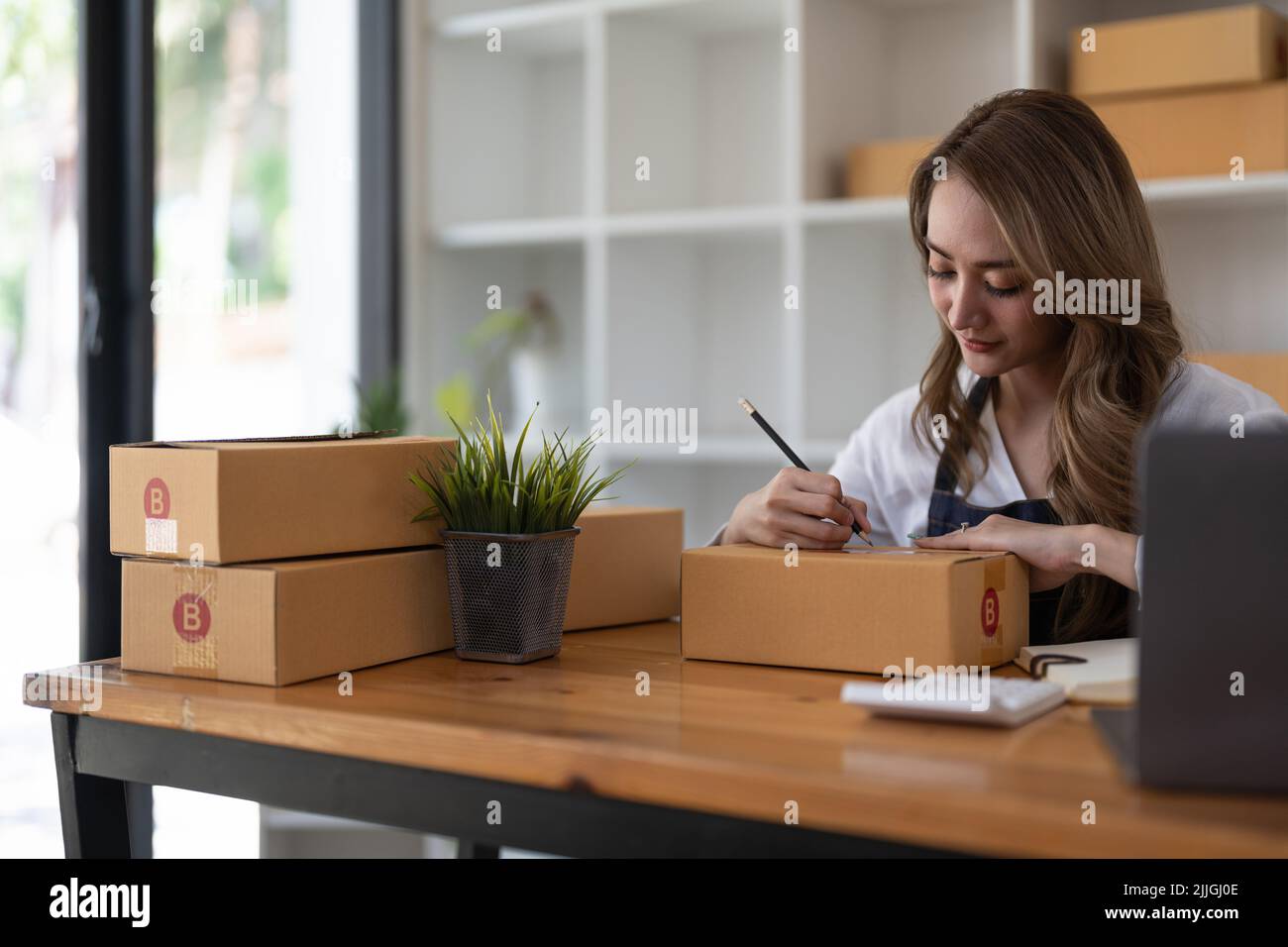 Starting Small business entrepreneur SME freelance, Portrait young woman working at home office, BOX, smartphone, laptop, online, marketing, packaging Stock Photo