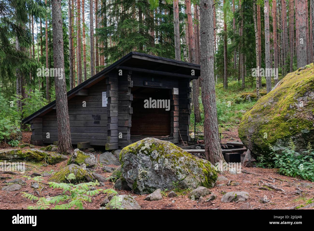 Sorsakolu lean-to shelter in Evo hiking area, Hameenlinna, Finland. Stock Photo