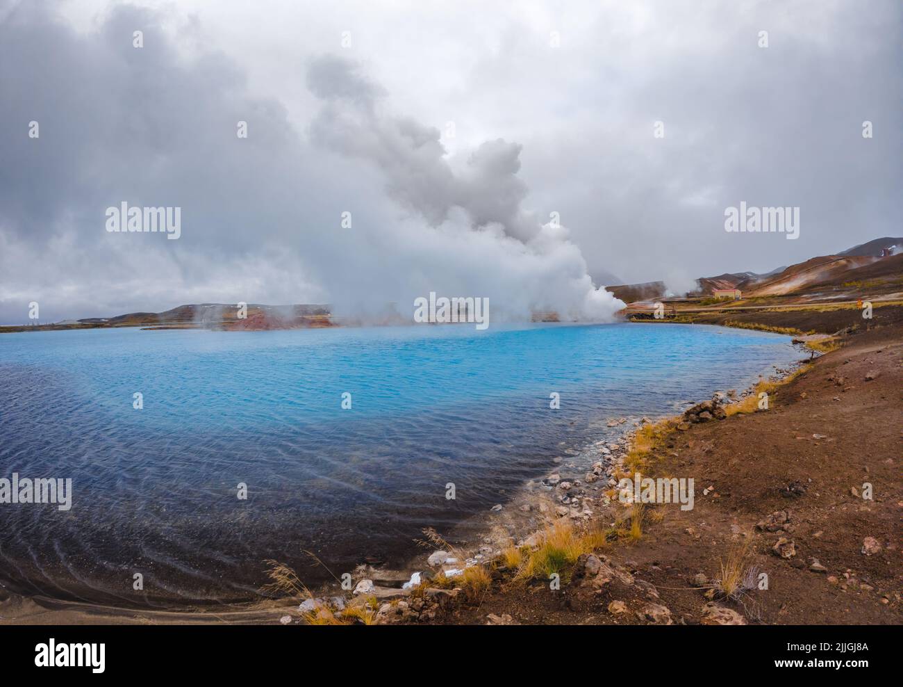 Blue lake panorama near geothermal power plants Stock Photo