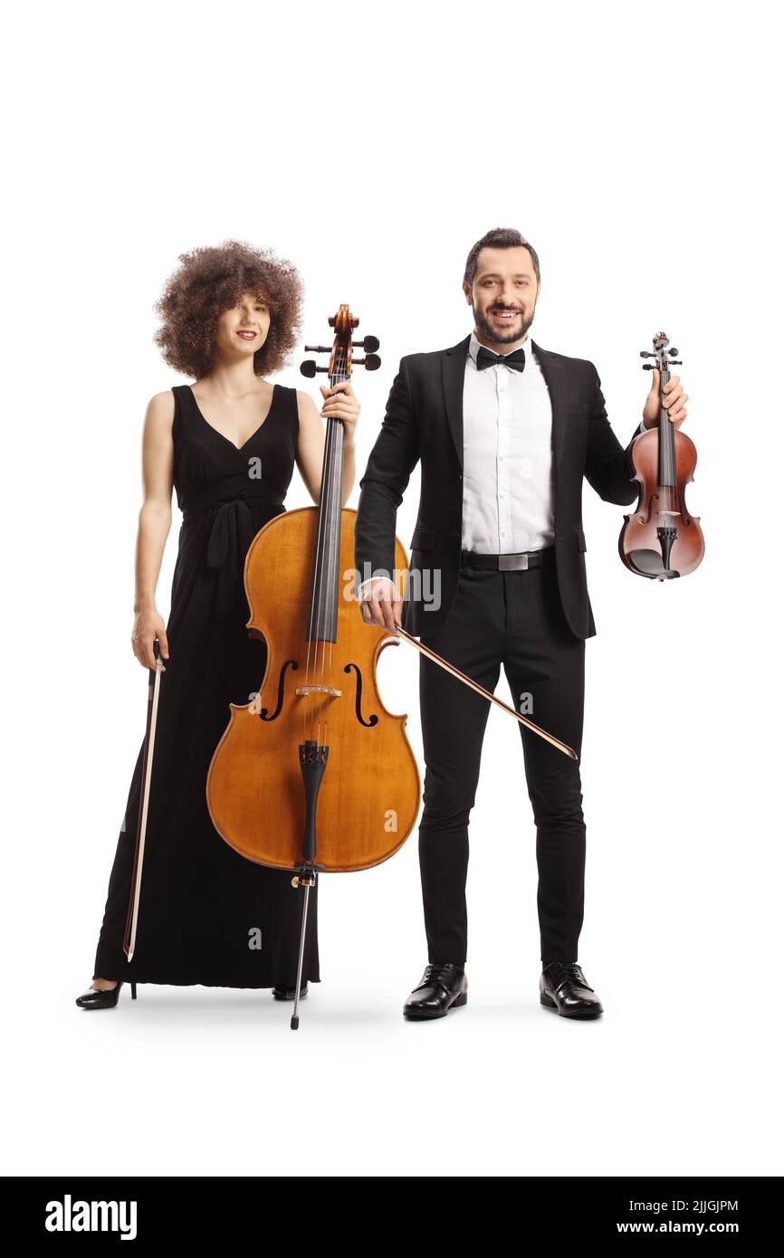 Elegant male and female musicians with a contrabass and a violin isolated on white background Stock Photo