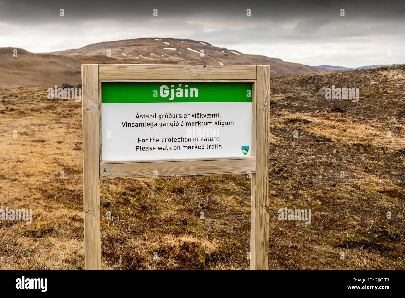 The information sign at Gjain Valley in the highlands of Iceland Stock Photo