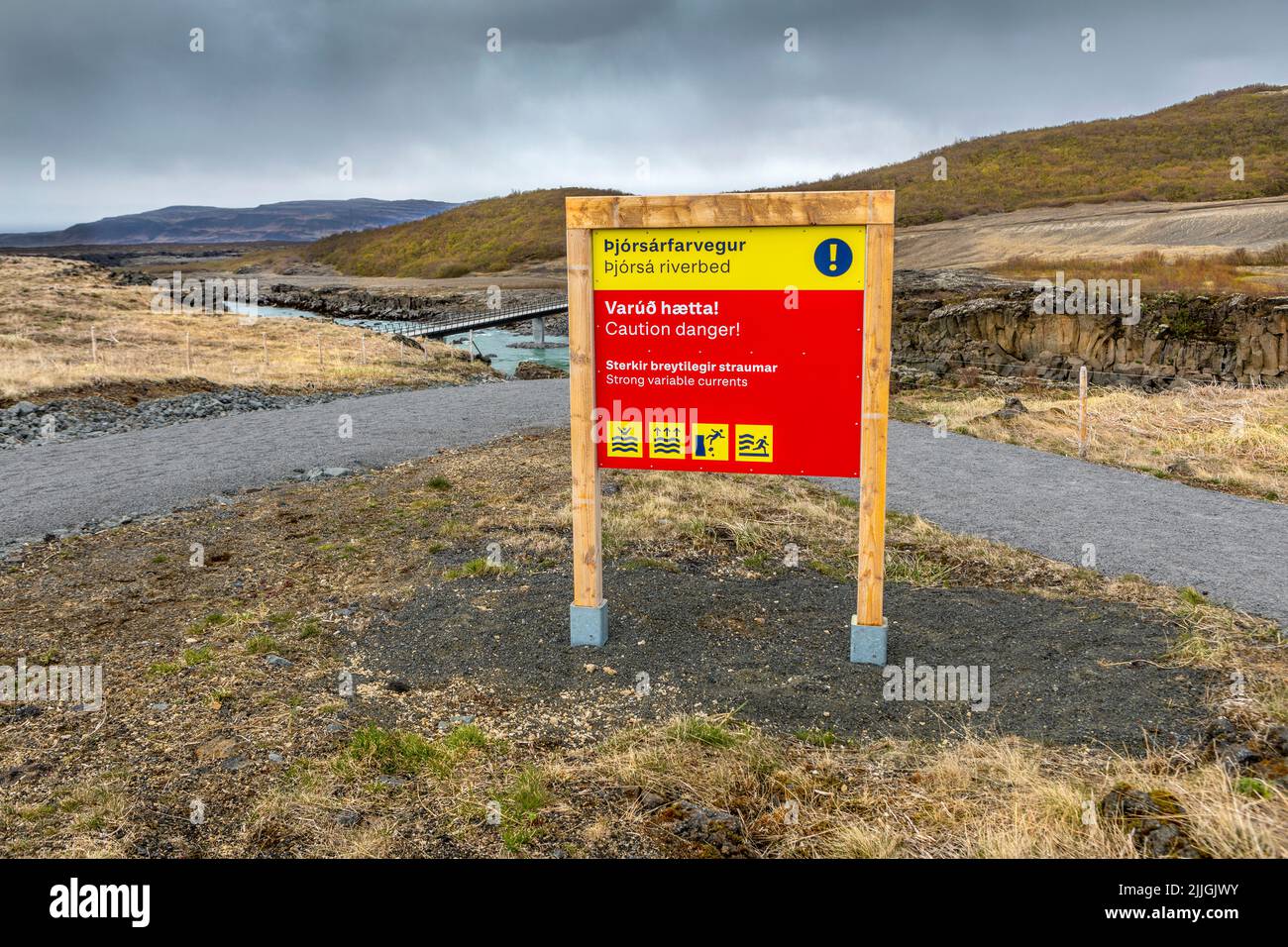 The warning sign at Pjofafoss Waterfall, Iceland Stock Photo