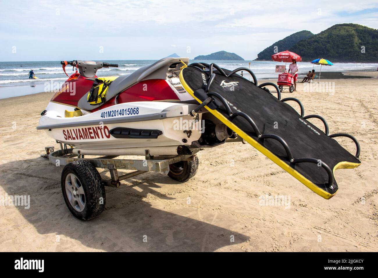 Sao Sebastiao, Sao Paulo, Brazil, May 15, 2015. Lifeguard rescue jet-ski stopped on the sands of Barra so Sahy beach in Sao Sebastiao, north coast of Stock Photo