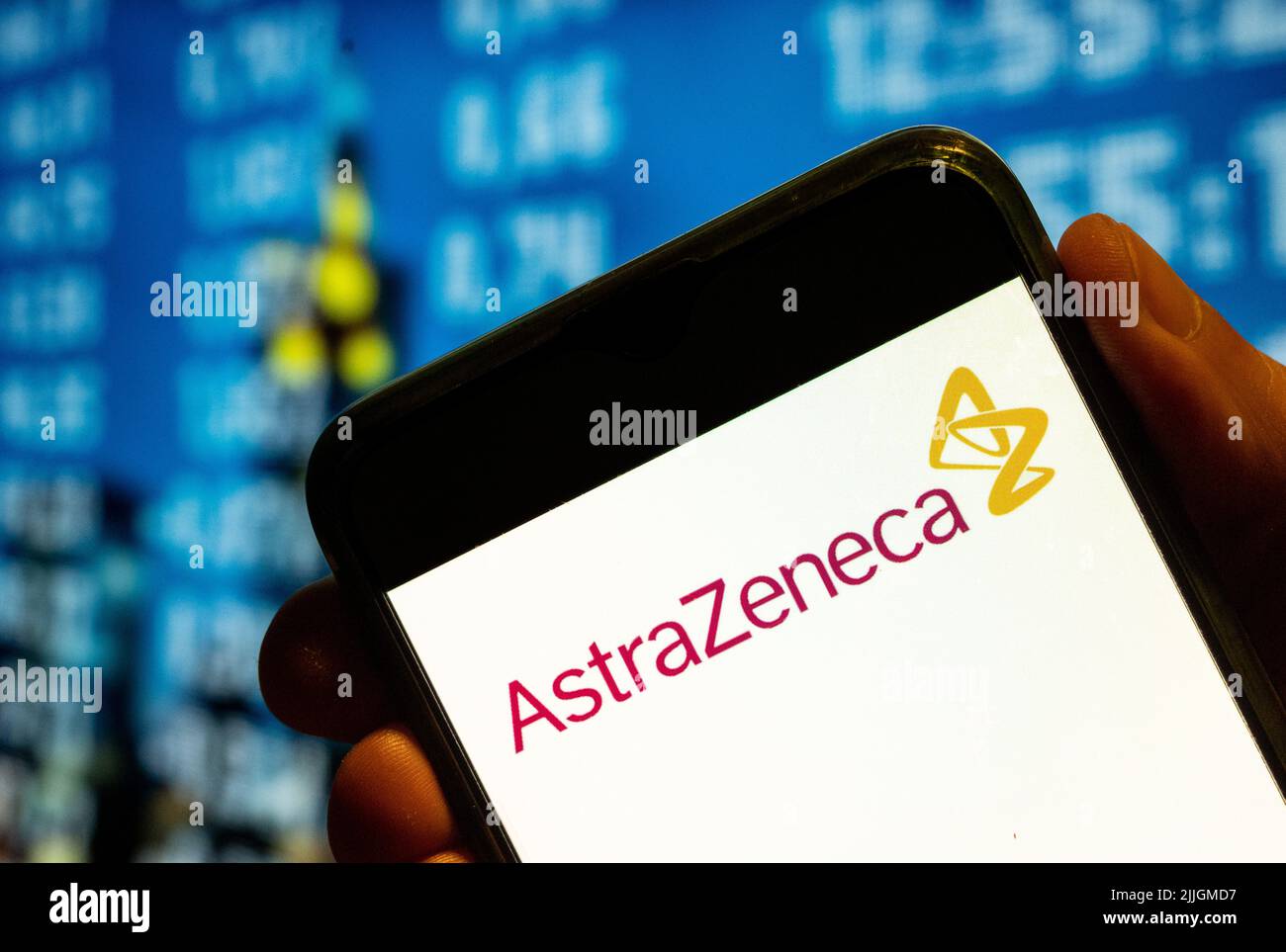 China. 25th July, 2022. In this photo illustration, the British-Swedish multinational pharmaceutical and biotechnology company AstraZeneca logo is displayed on a smartphone screen. (Photo by Budrul Chukrut/SOPA Images/Sipa USA) Credit: Sipa USA/Alamy Live News Stock Photo