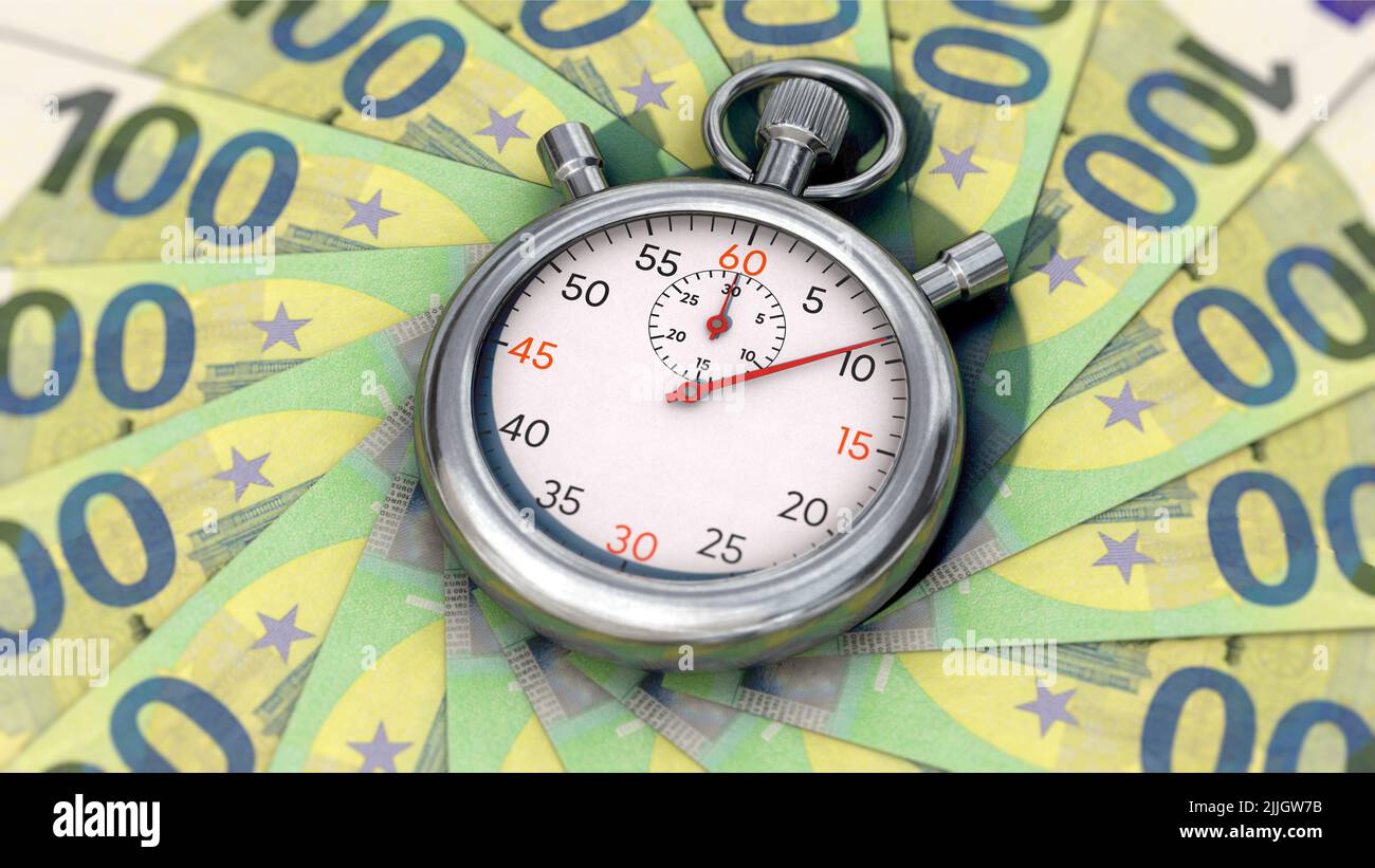Time is money - stopwatch on 100 euro banknotes Stock Photo