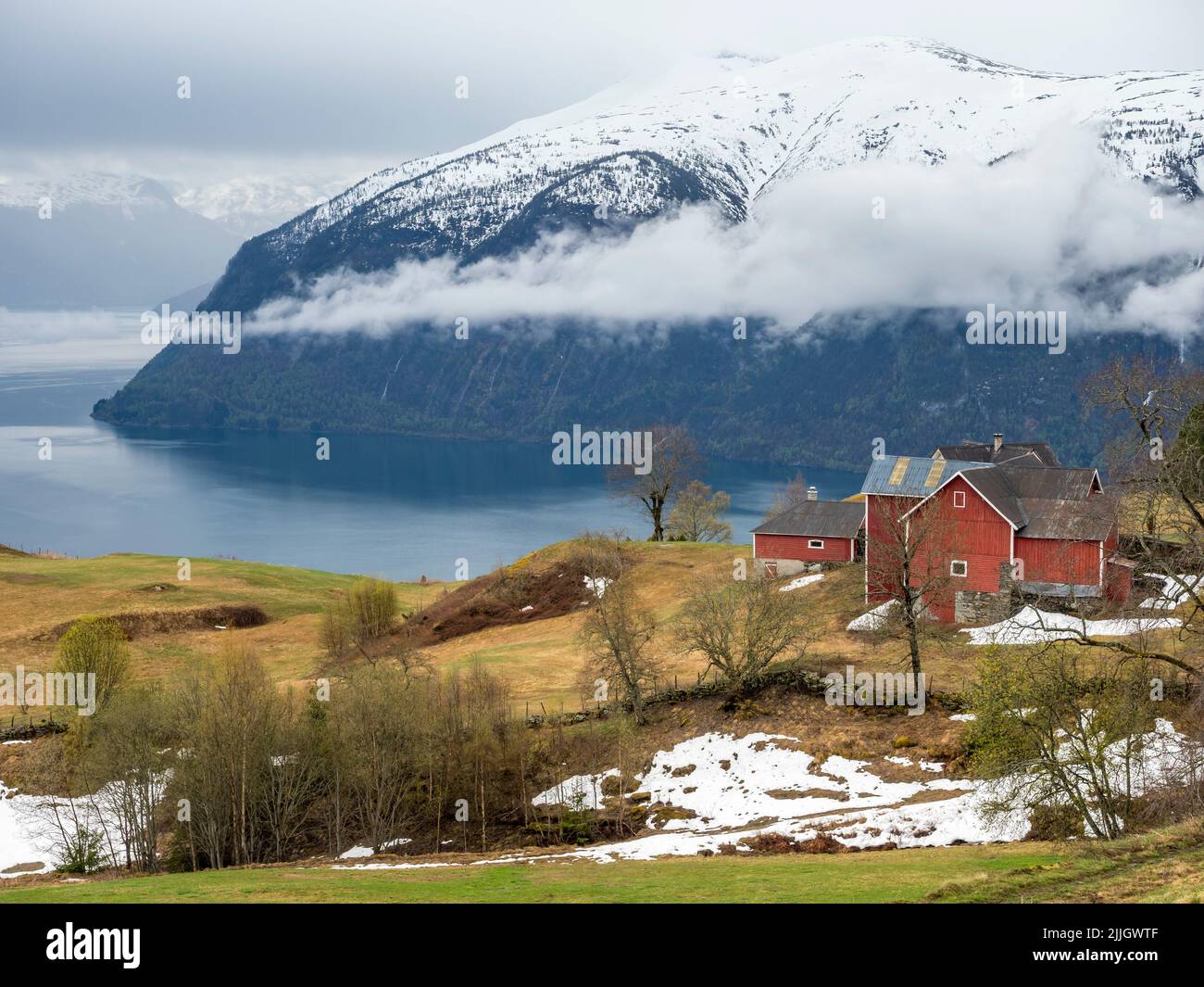 Early spring at the Sognefjord on hills above Solvorn, snow on the meadows and mountains, Norway Stock Photo