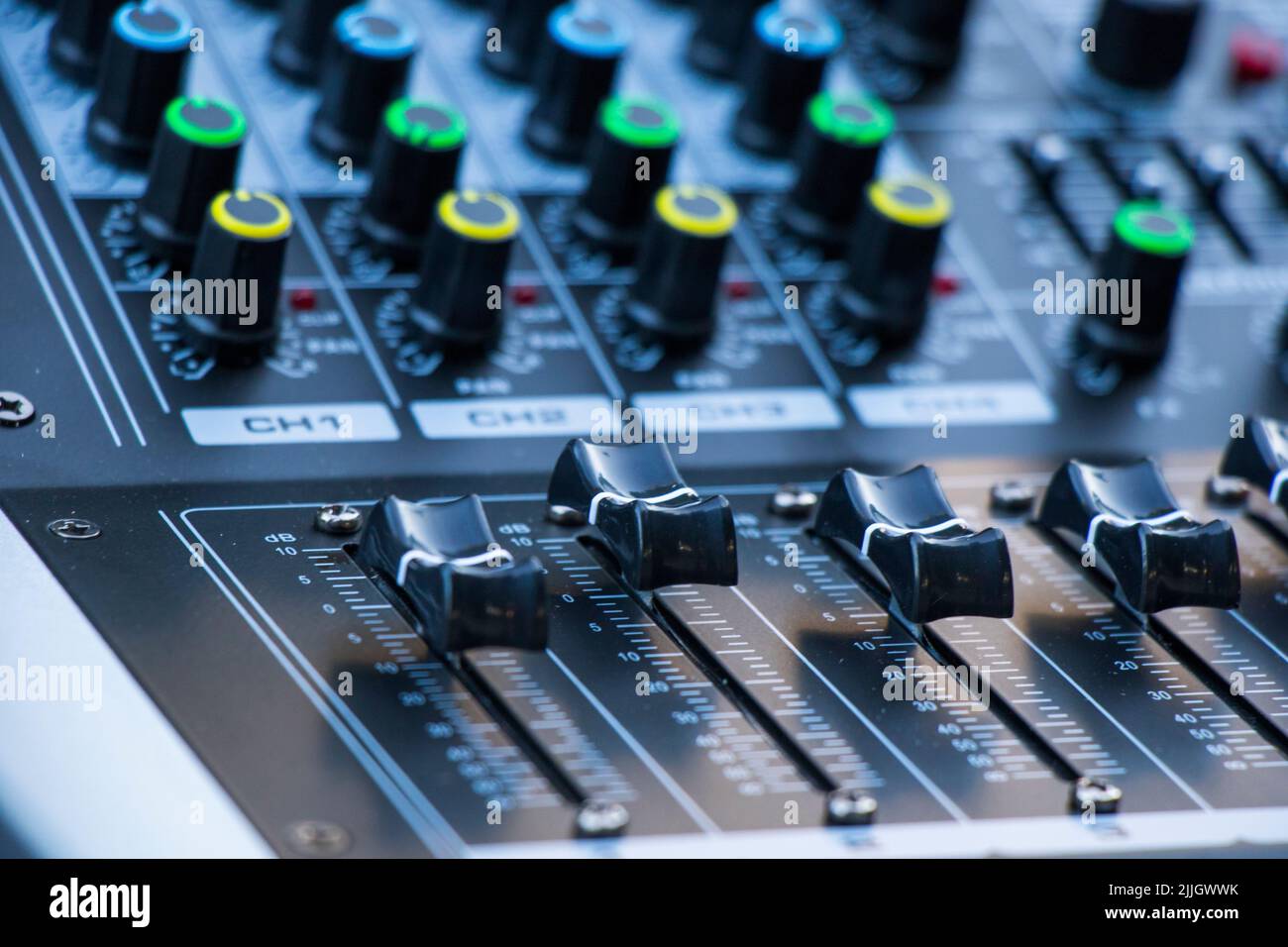 Sound engineering instrument, soundboard equalizer closeup Stock Photo